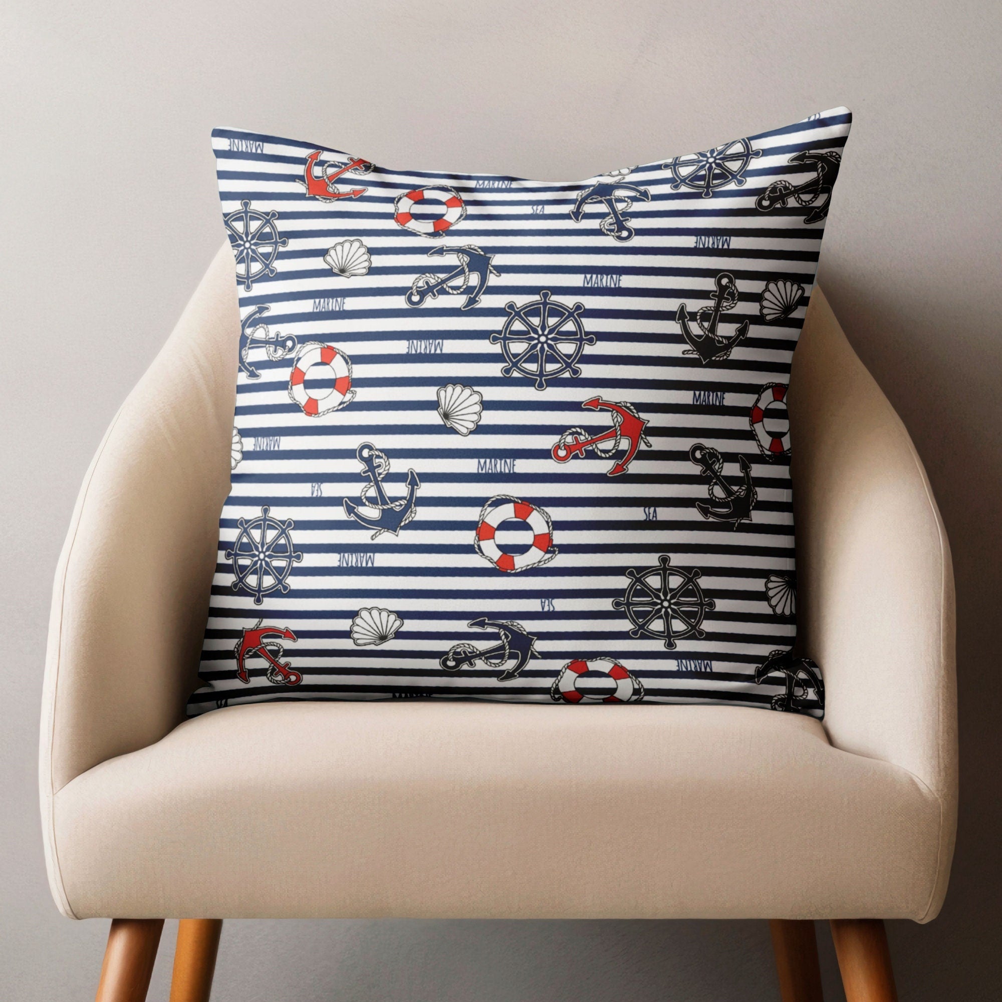 Nautical Pillow Covers, Coastal Sailor Cushion Covers, Anchors Lifebuoys Pillowcase, Yatch Decor Pillow, Vintage Sailboat Throw Pillow Cover