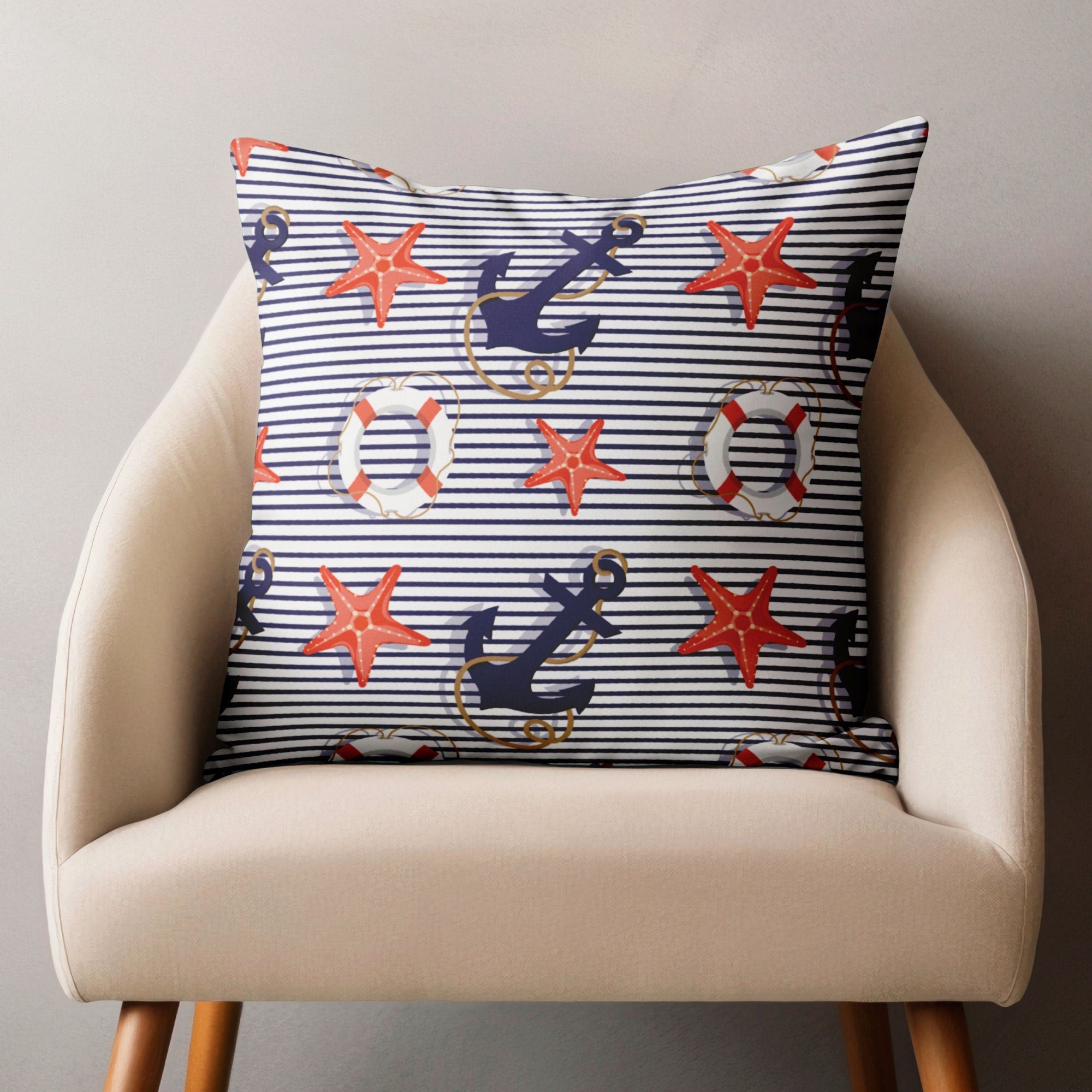 Nautical Pillow Covers, Coastal Sailor Cushion Covers, Anchors Lifebuoys Pillowcase, Yatch Decor Pillow, Vintage Sailboat Throw Pillow Cover