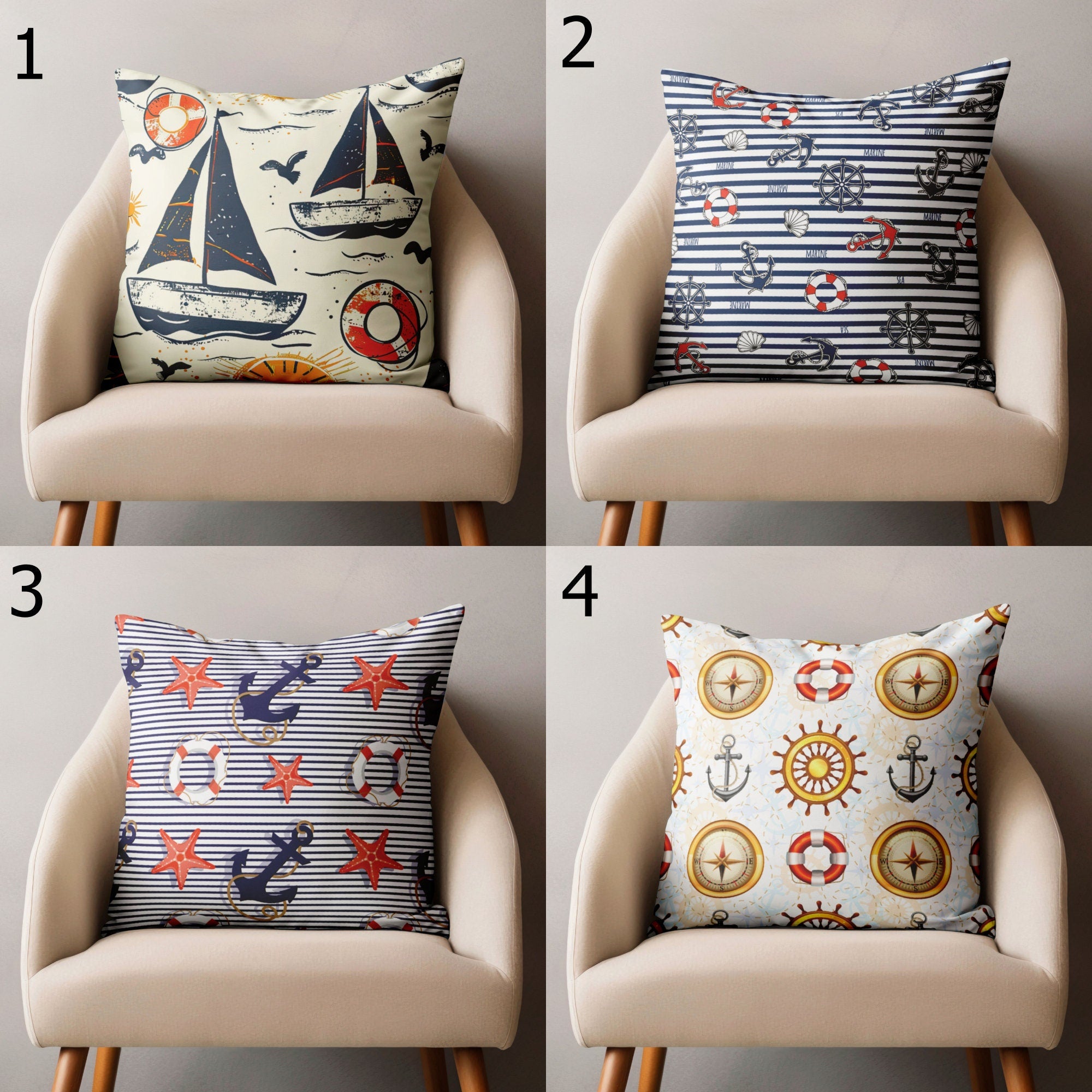 Nautical Pillow Covers, Coastal Sailor Cushion Covers, Anchors Lifebuoys Pillowcase, Yatch Decor Pillow, Vintage Sailboat Throw Pillow Cover