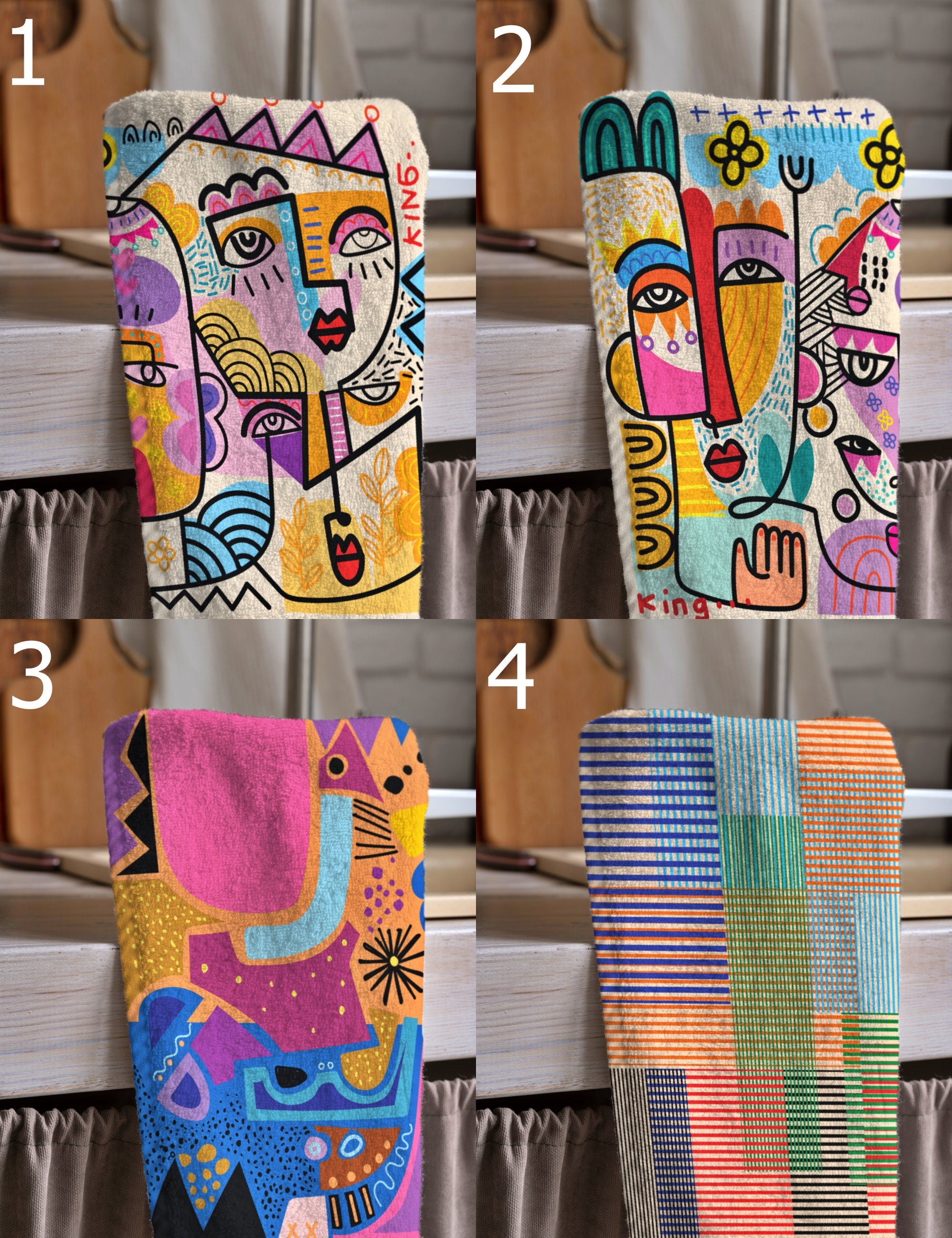 Modern Abstract Tea Towels, Abstract Face Lines Dish Towel, Modern Art Printed Towels, Modern Abstract Hand Towel, Modern Art Kitchen Towels