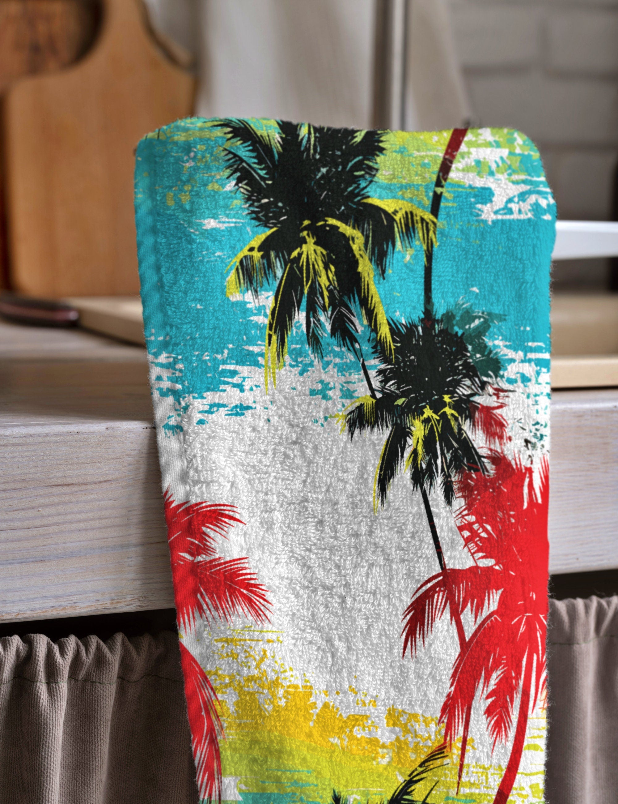 Tropical Tea Towels, Hawaii Palm Leaves Dish Towel, Tropical Printed Towels, Palm Tree Hand Towel, Summer Palm Tree Kitchen Towels