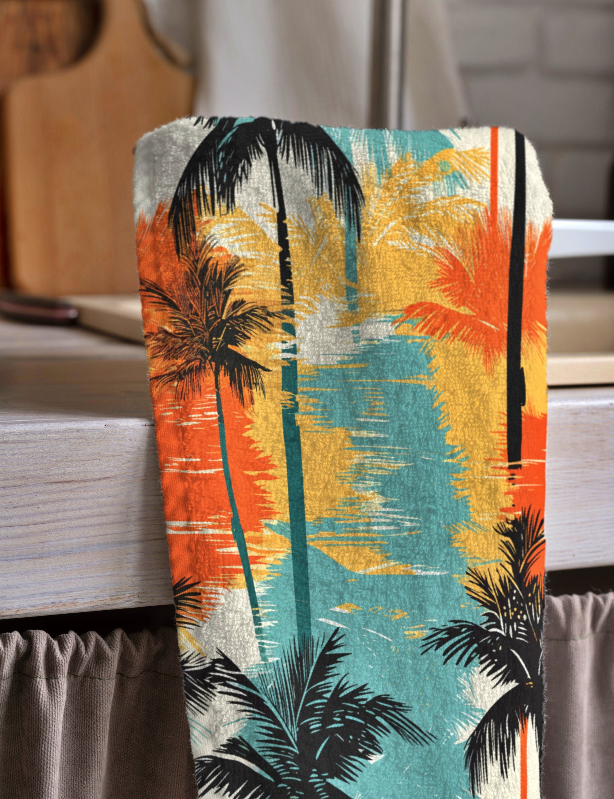 Tropical Tea Towels, Hawaii Palm Leaves Dish Towel, Tropical Printed Towels, Palm Tree Hand Towel, Summer Palm Tree Kitchen Towels