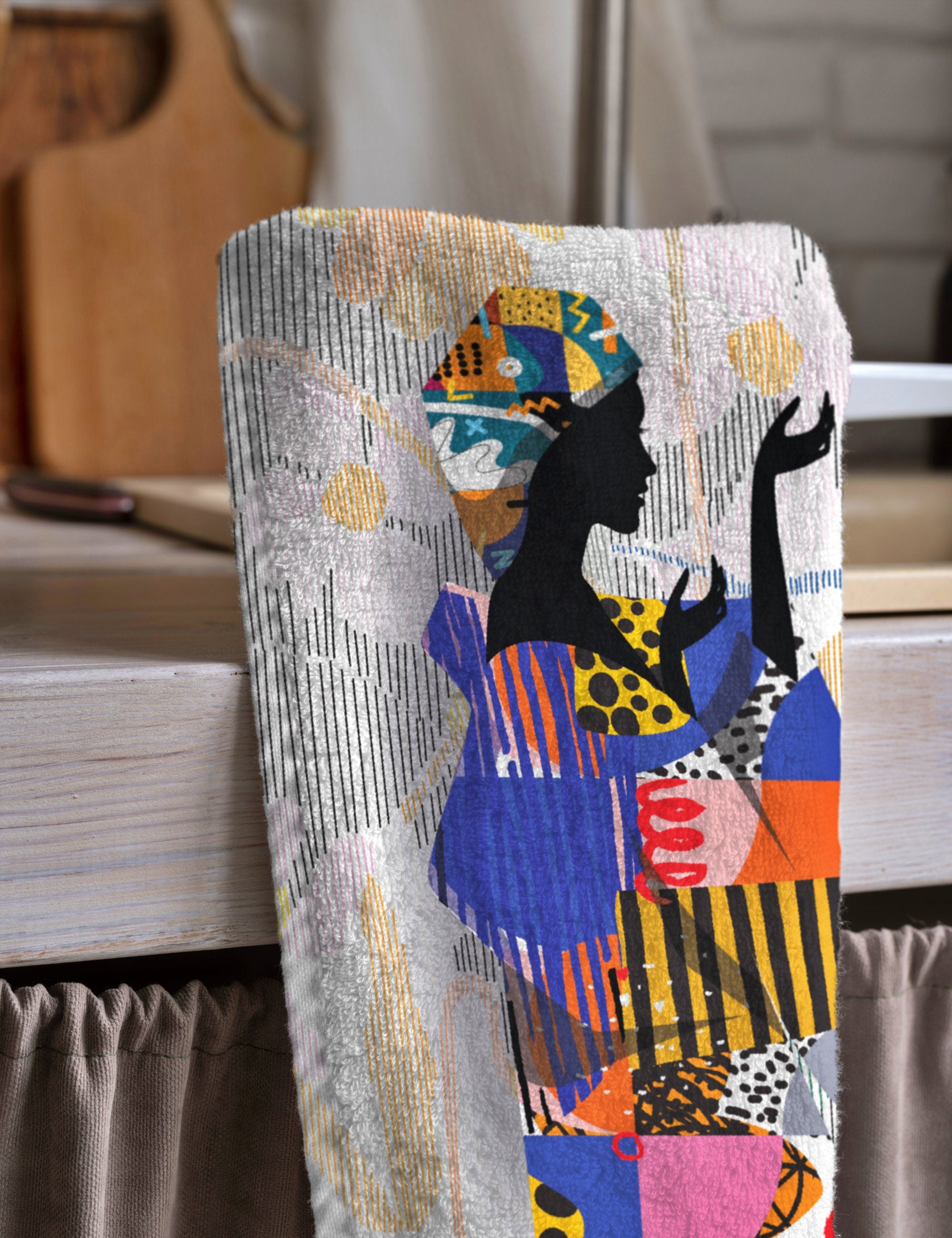 African Women Tea Towels, African Dish Towel, Woman Painting Abstract Hand Towel, African Arts Kitchen Towels, Digital Print Modern Towel