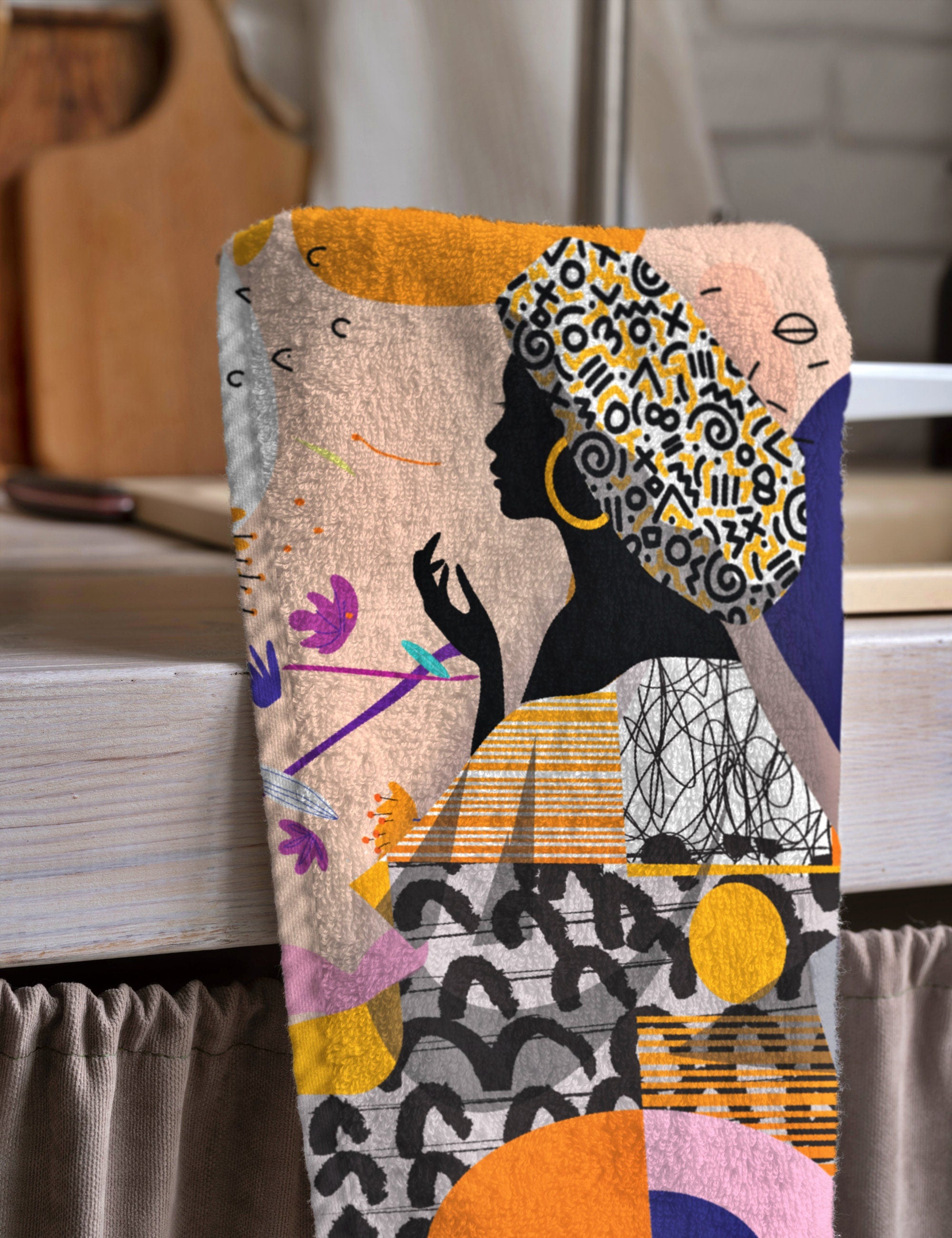 African Women Tea Towels, African Dish Towel, Woman Painting Abstract Hand Towel, African Arts Kitchen Towels, Digital Print Modern Towel