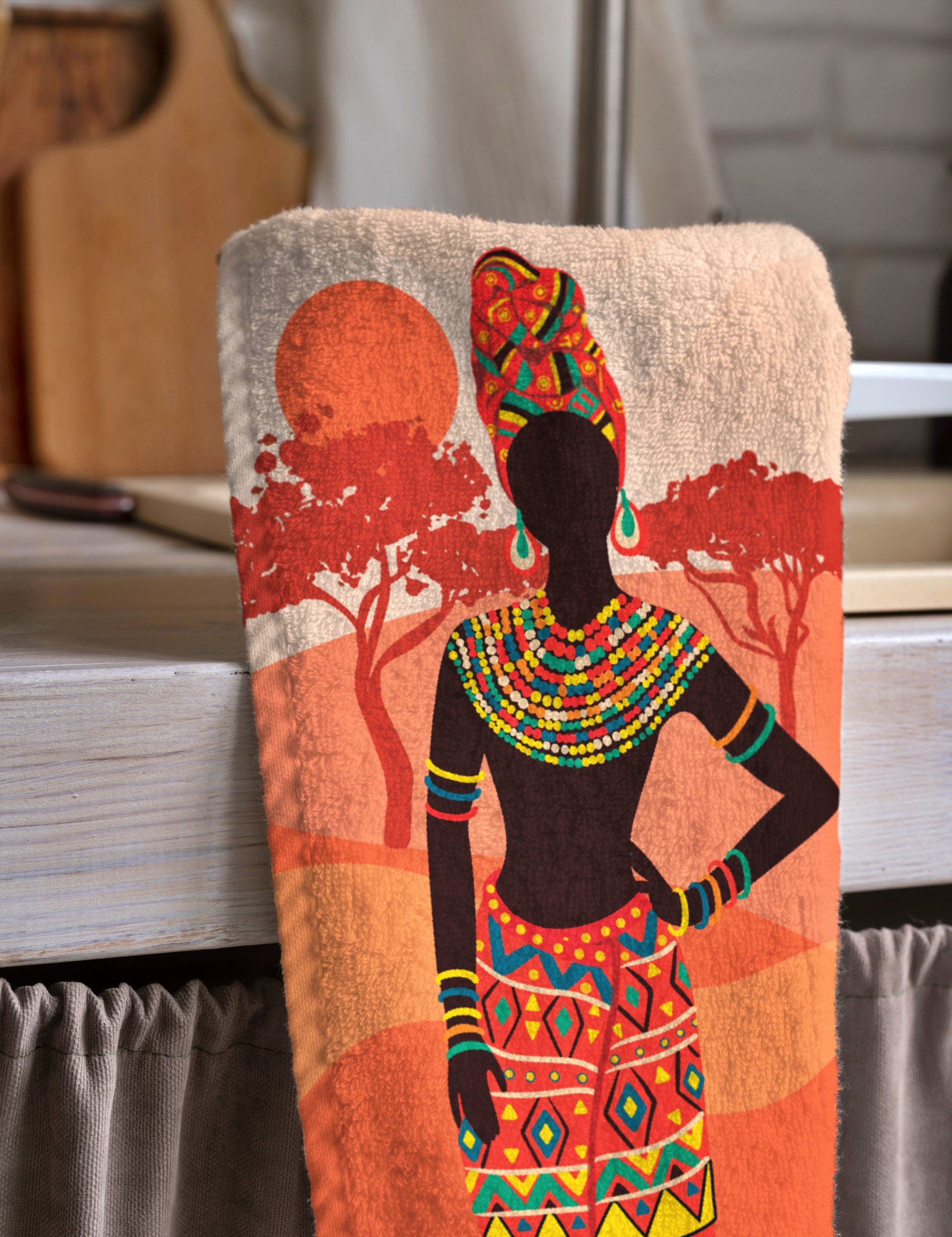 African Women Tea Towels, Woman Painting Abstract Hand Towel, African Arts Kitchen Towels, African Dish Towel, Print African Tea Towels