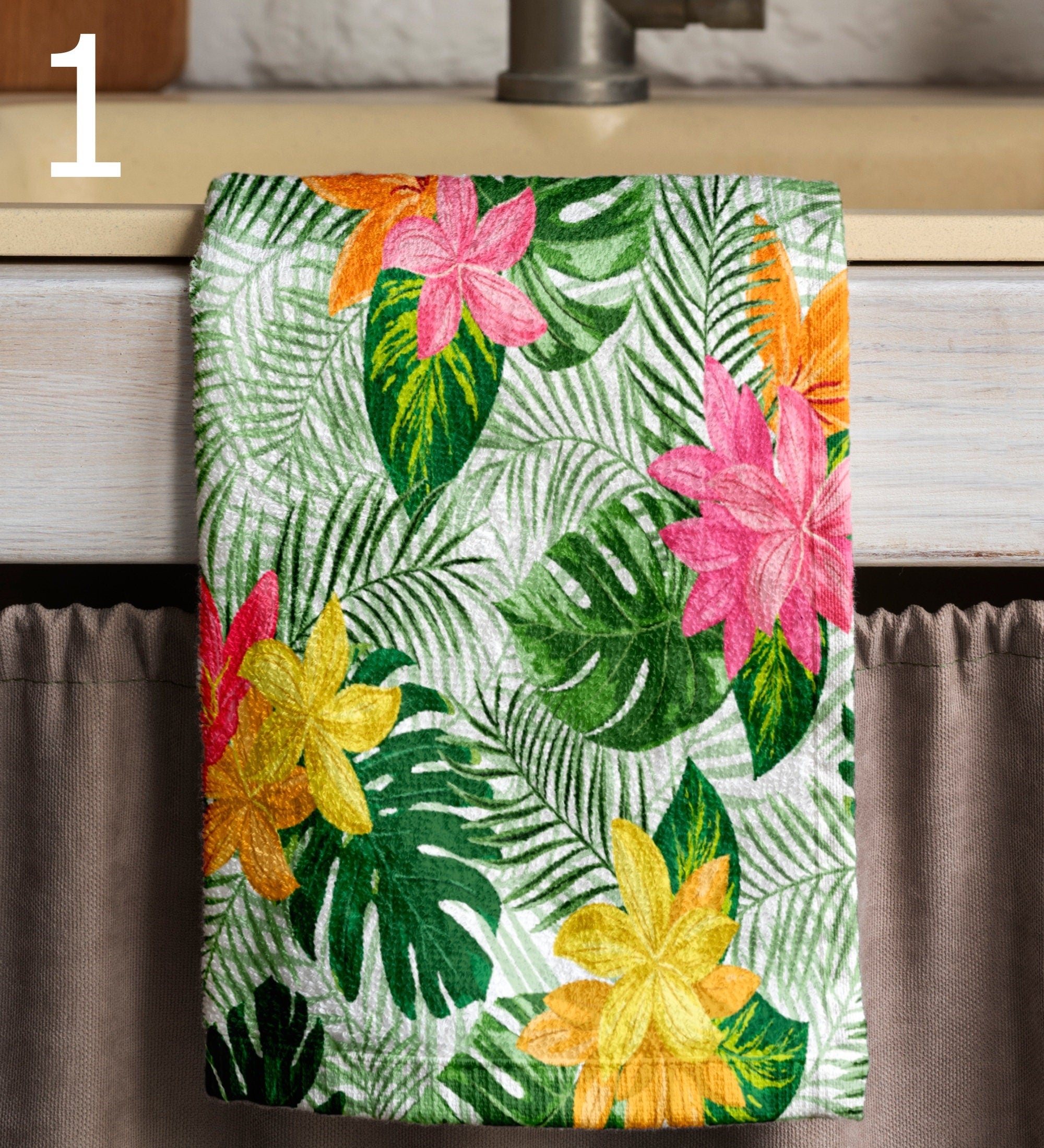Tropical Multicolor Tea Towels, Tropical Flowers Dish Towel, Exotic Flowers Hand Towel, Botanical Kitchen Towels