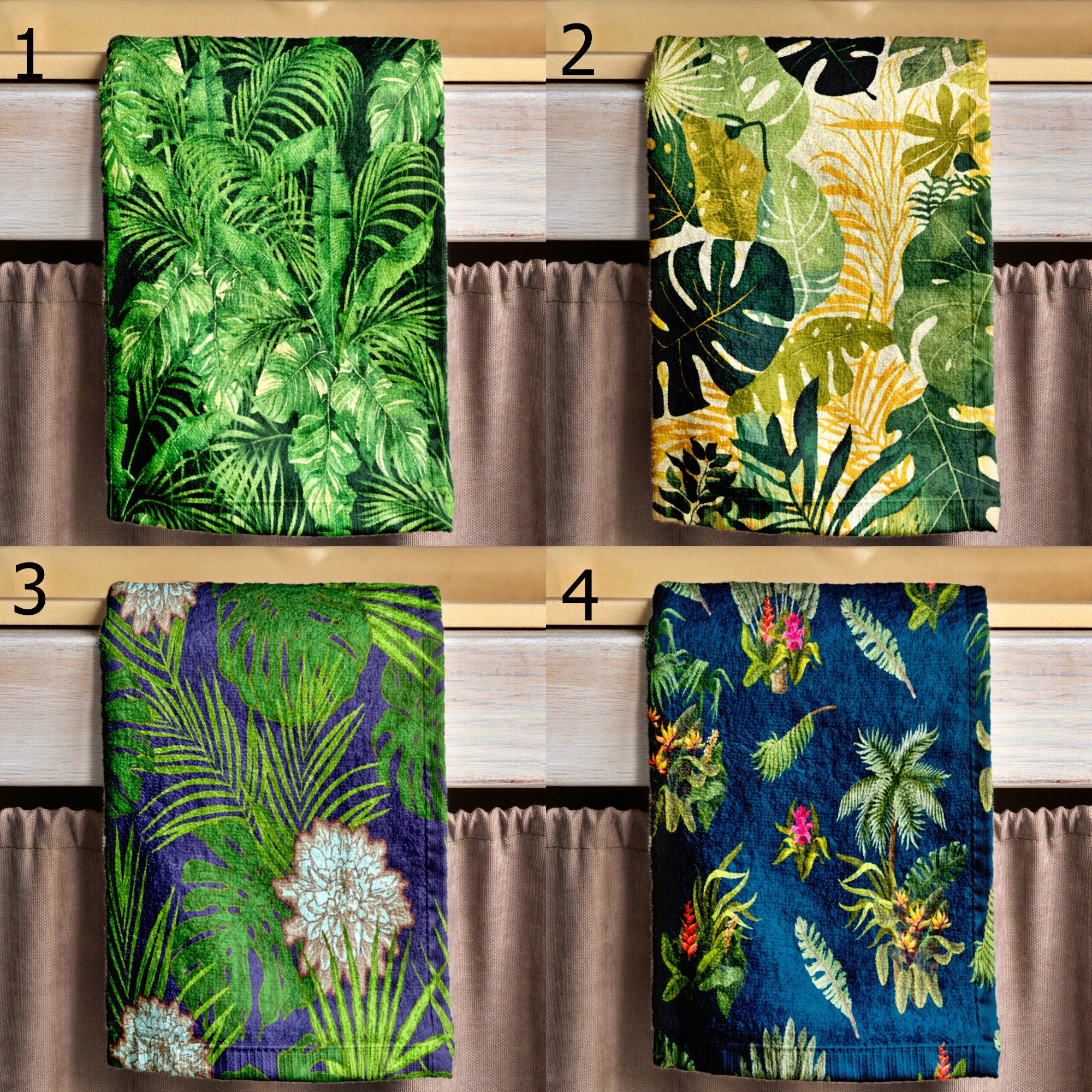 Tropical Tea Towels, Tropical Leaves Dish Towel, Exotic Flowers Hand Towel, Multicolor Botanical Kitchen Towels, Green Leaf Hand Towels
