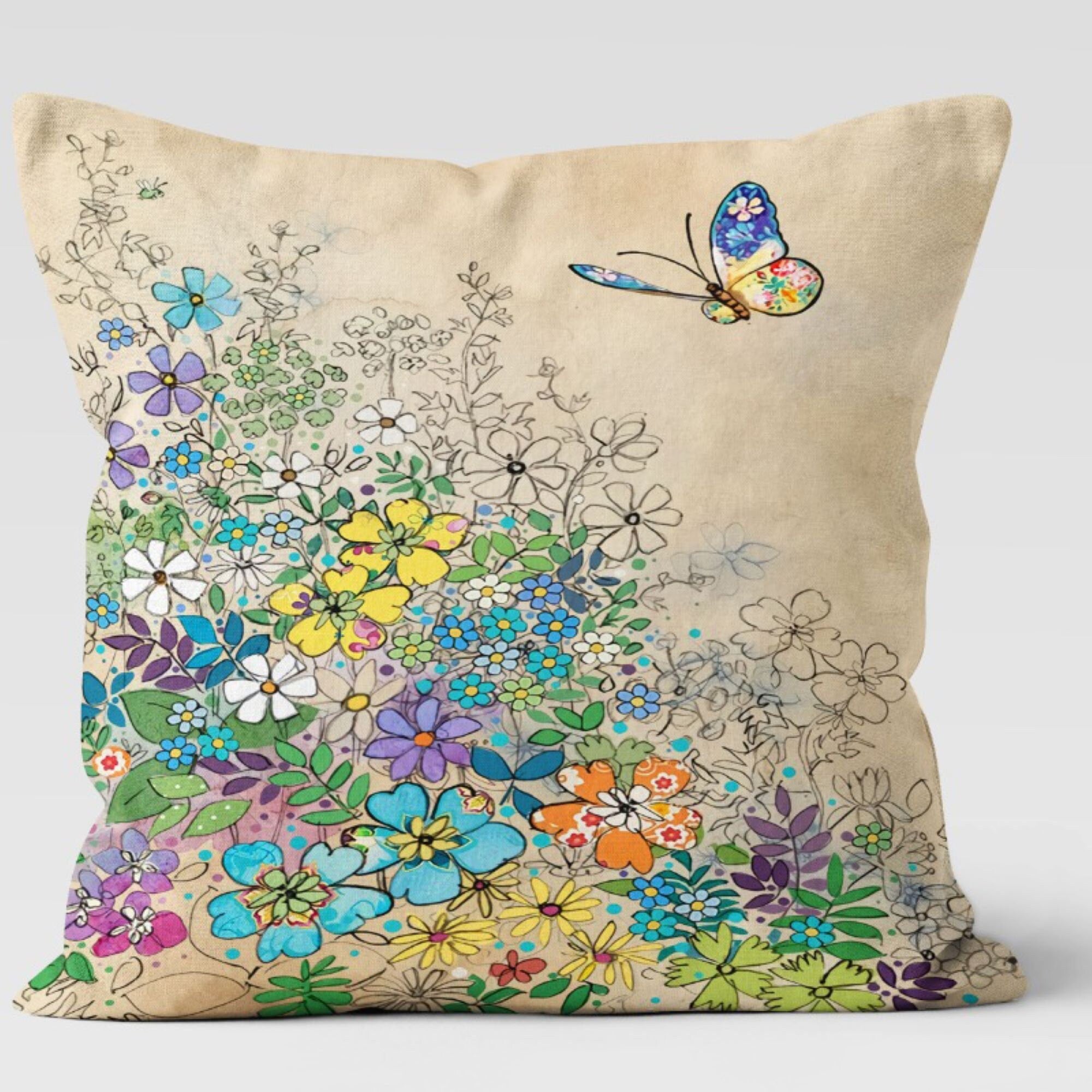 Butterfly Meadow Pillow Covers, Floral Nature Cushion Covers, Whimsical Garden Throw Pillows, Colorful Bloom Pillowcases