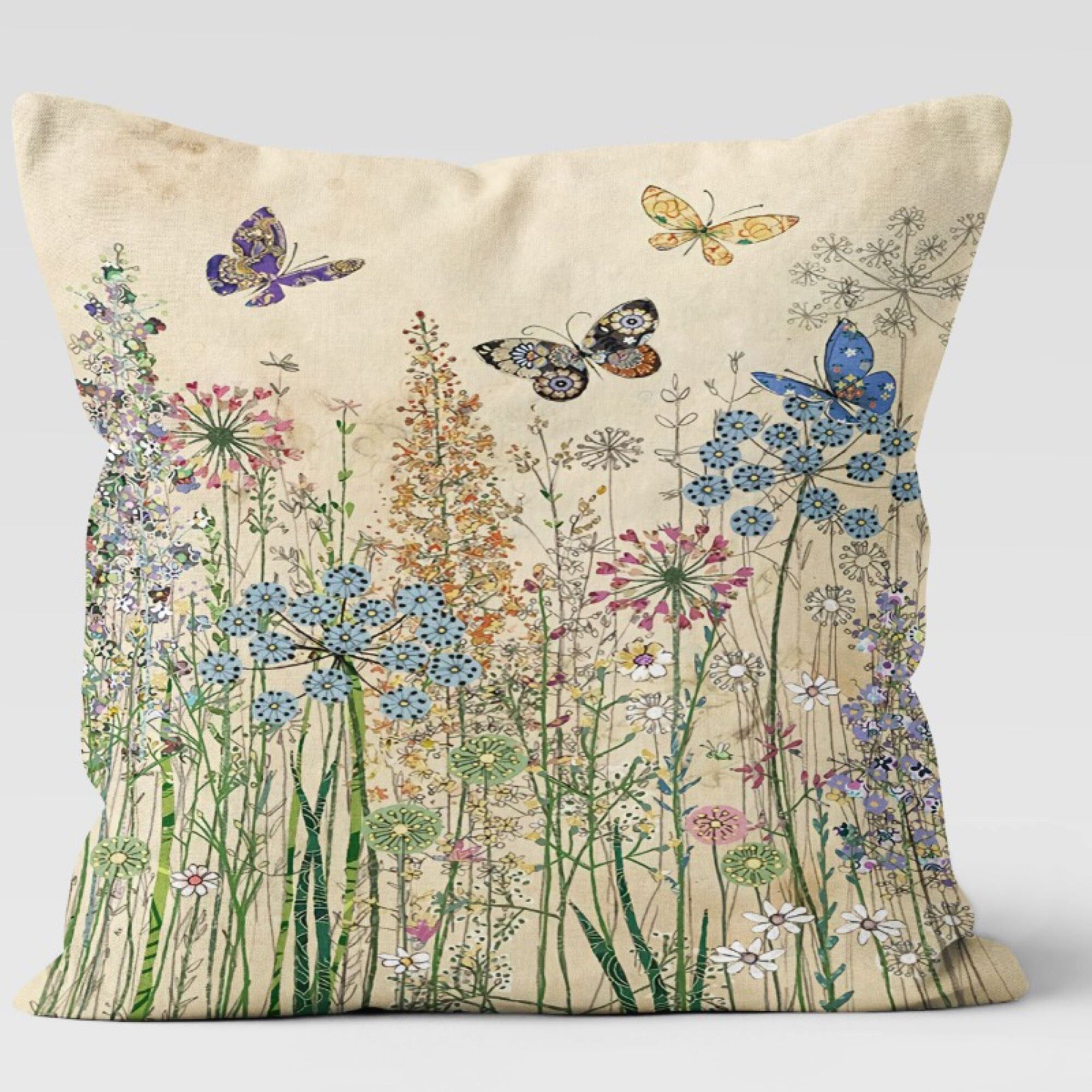 Butterfly Meadow Pillow Covers, Floral Nature Cushion Covers, Whimsical Garden Throw Pillows, Colorful Bloom Pillowcases