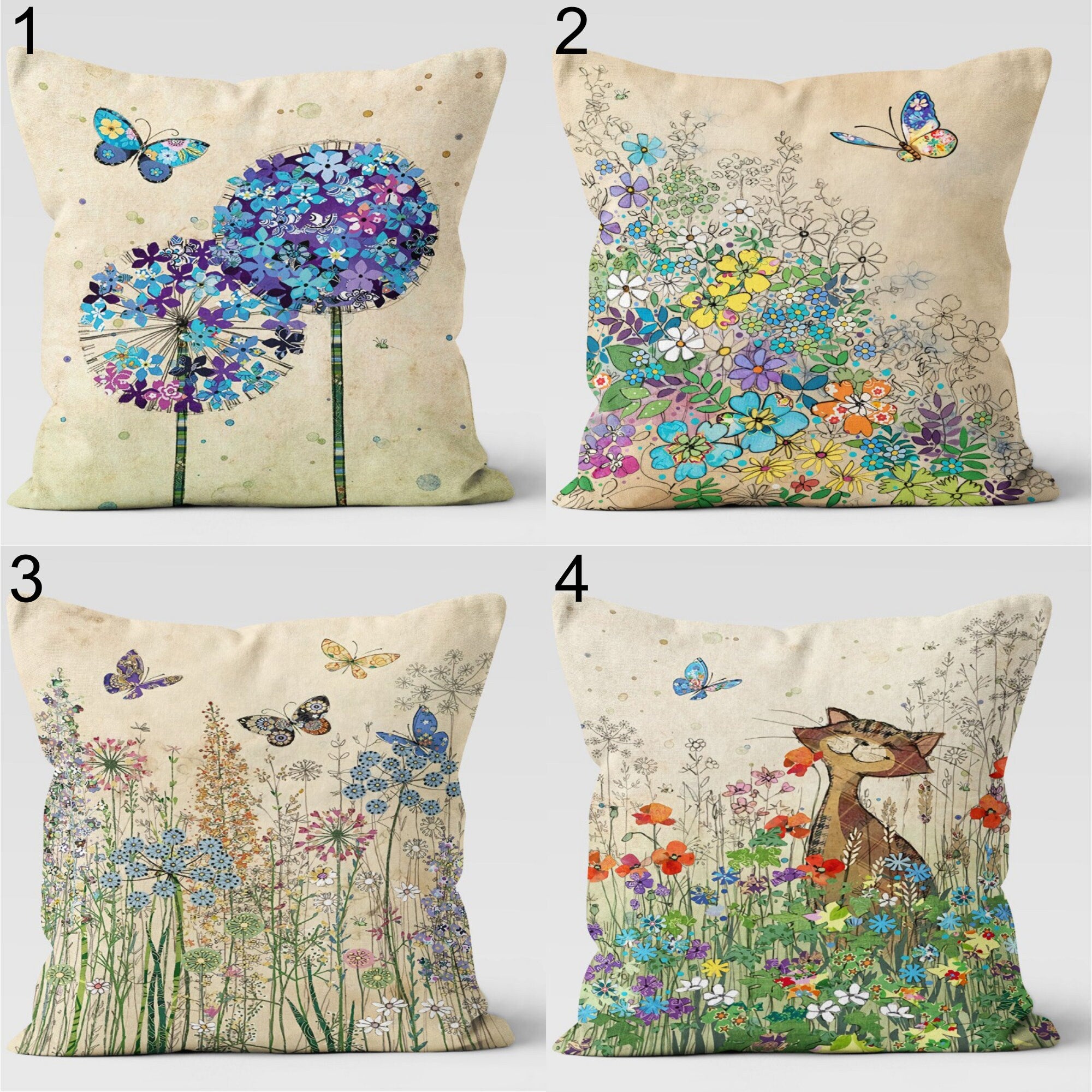 Butterfly Meadow Pillow Covers, Floral Nature Cushion Covers, Whimsical Garden Throw Pillows, Colorful Bloom Pillowcases