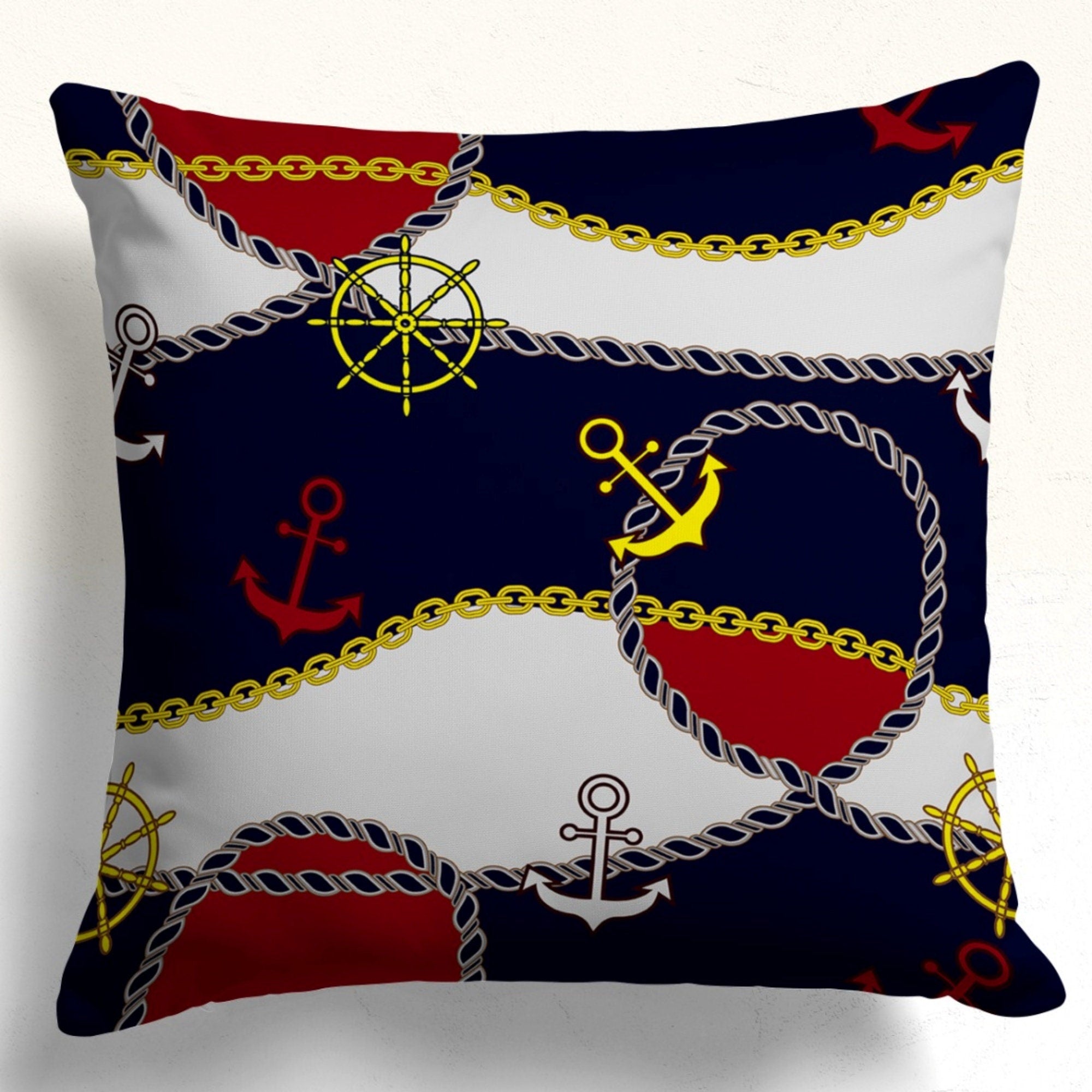 Nautical Pillow Covers with Anchors & Ropes, Coastal Marine Indoor/Outdoor Cushion Cover, Beach House Style Pillowcases