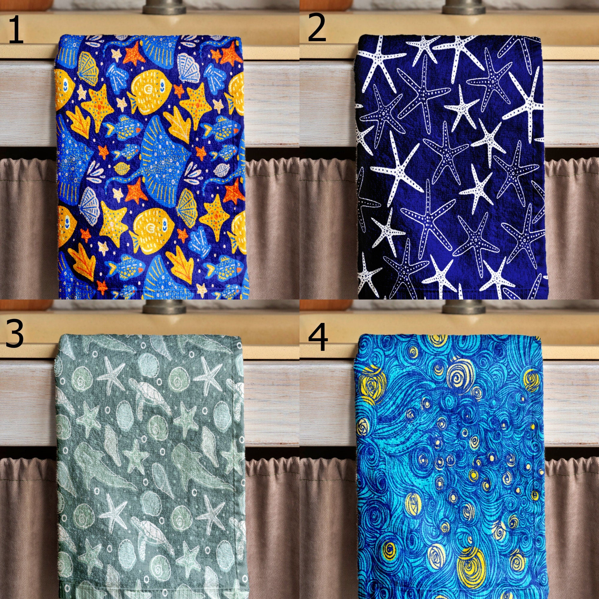Ocean-Themed Tea Towels, Sea Star & Fish Patterned Hand Towels, Blue Coastal Summer Dish Towel, Kids  Adults Kitchen Towels