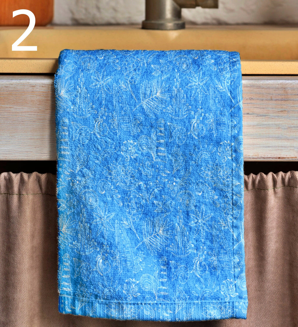 Nautical Tea Towel, Maritime Print Hand Towels, Yatch Hand Towels, Navy Blue Ocean Tea Towel, Coastal Dish Towel, Starfish Tea Towels