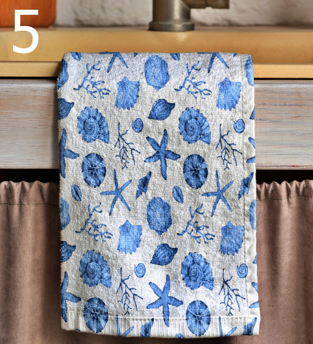 Nautical Tea Towel, Maritime Print Hand Towels, Yatch Hand Towels, Navy Blue Ocean Tea Towel, Coastal Dish Towel, Starfish Tea Towels
