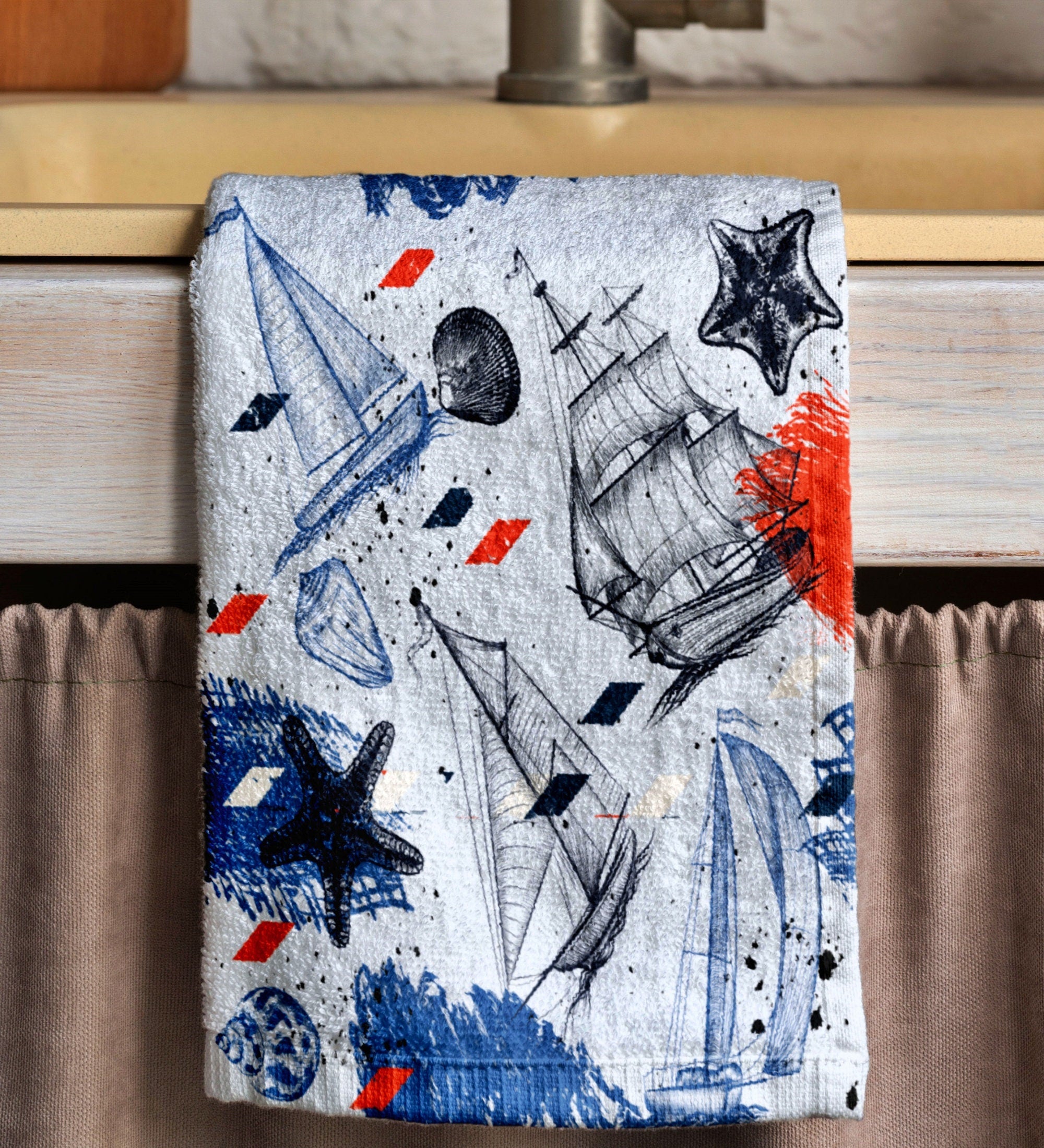 Nautical Tea Towel, Vintage Sailboat Kitchen Tea Towel,  Maritime Print Hand Towels, Yatch Hand Towels, Ocean Hand Towel, Sailor Dish Towel