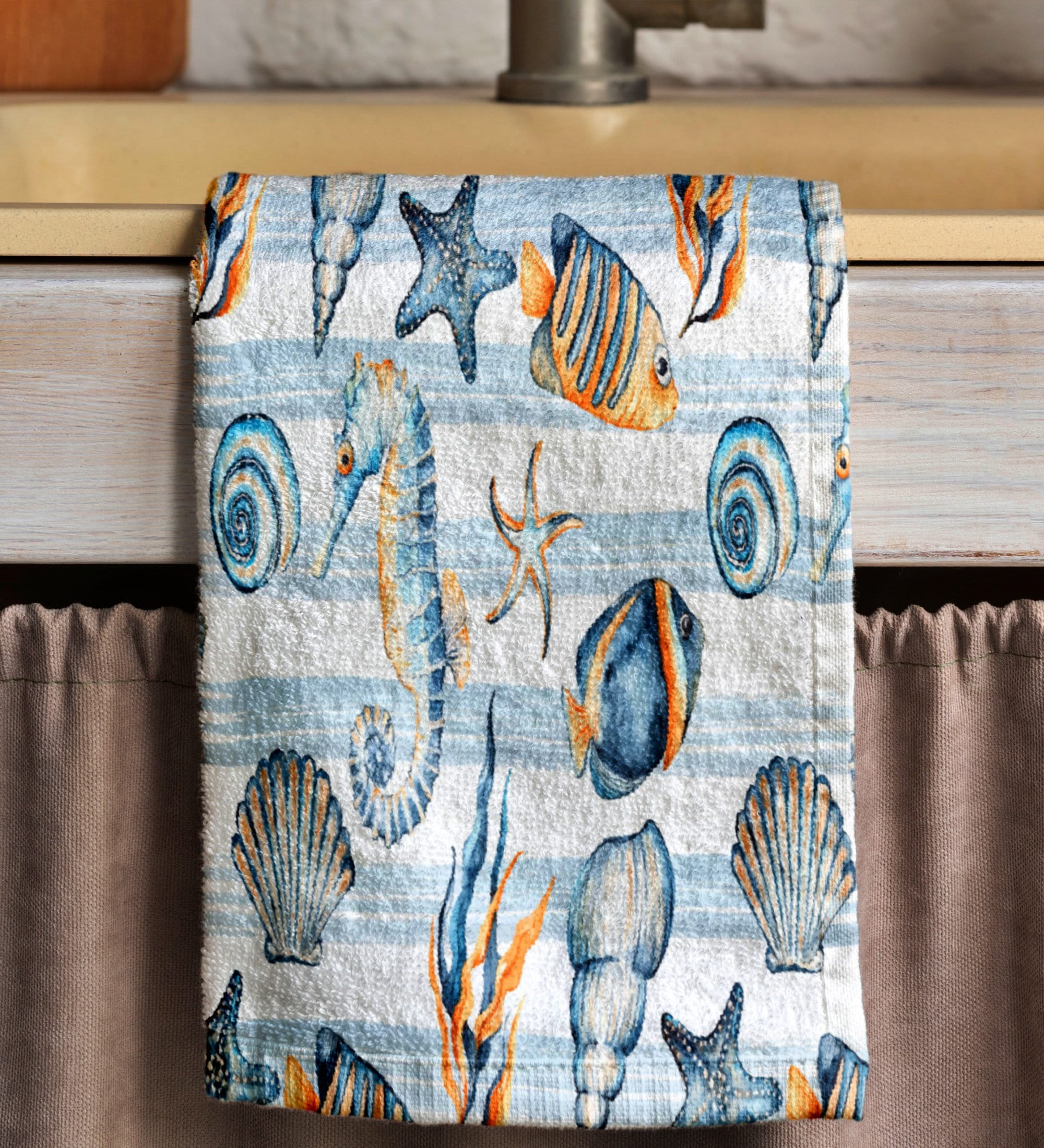 Coastal Kitchen Towel, Seashell Starfish Print Tea Towels, Ocean Themed Soft Absorbent Hand Towel, Sea Animals Hand Towel