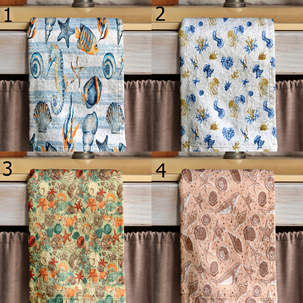 Coastal Kitchen Towel, Seashell Starfish Print Tea Towels, Ocean Themed Soft Absorbent Hand Towel, Sea Animals Hand Towel