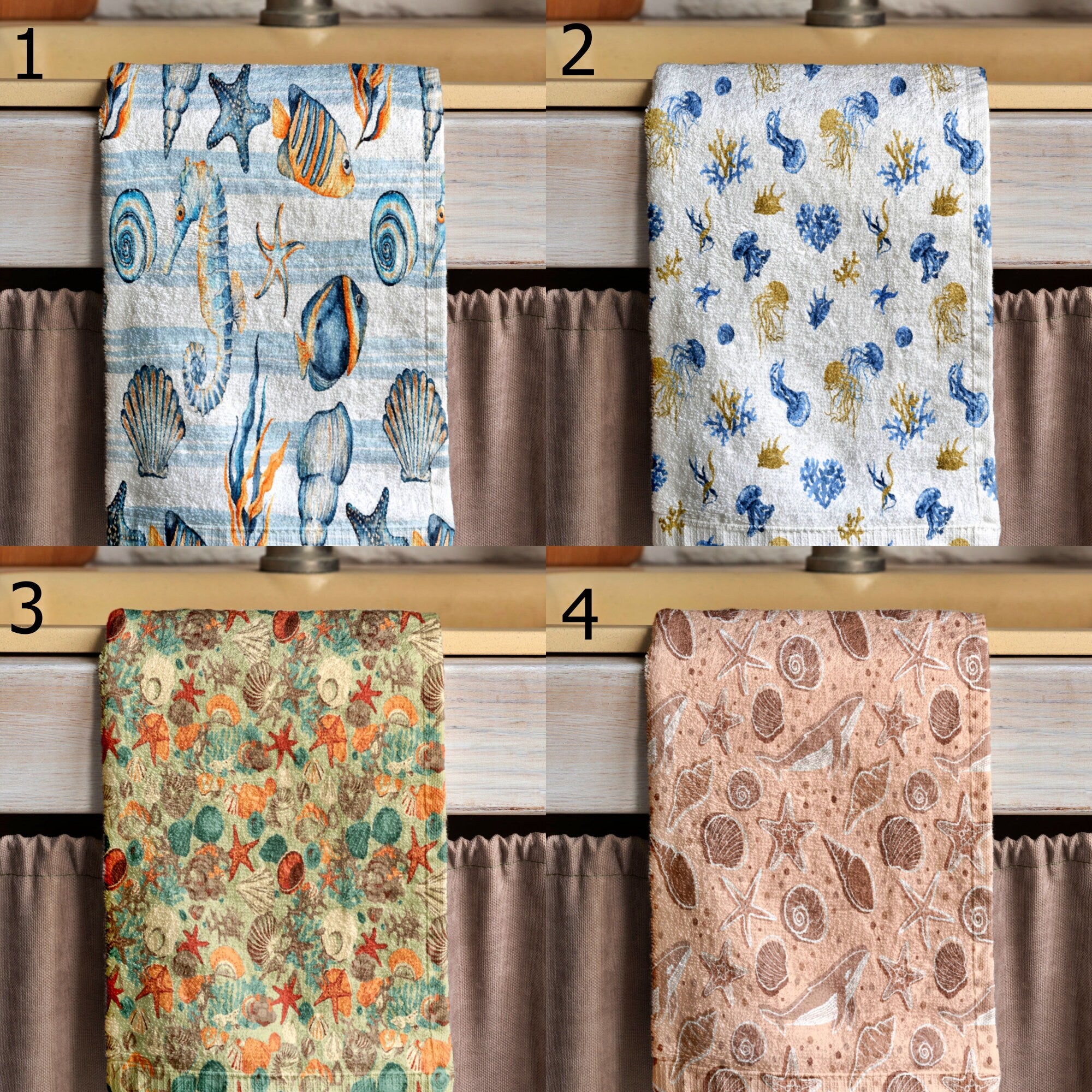 Coastal Kitchen Towel, Seashell Starfish Print Tea Towels, Ocean Themed Soft Absorbent Hand Towel, Sea Animals Hand Towel