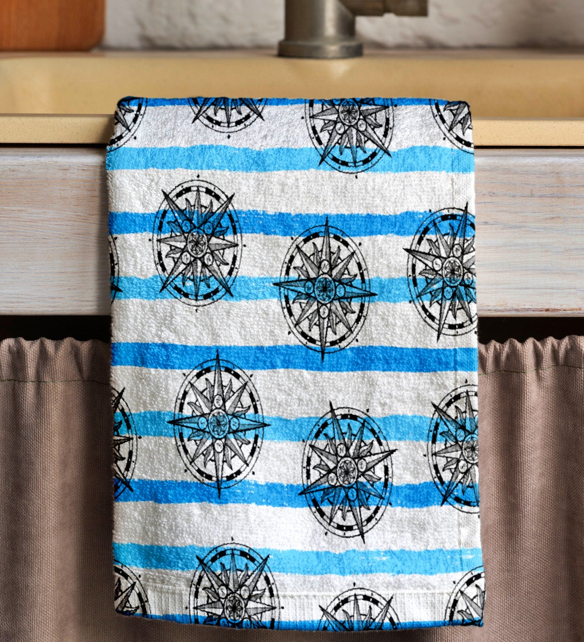 Nautical Tea Towels, Lighthouse Sailboat Kitchen Towel, Maritime Hand Towel, Rustic Nautical Dish Towel, Blue Anchor Tea Towel