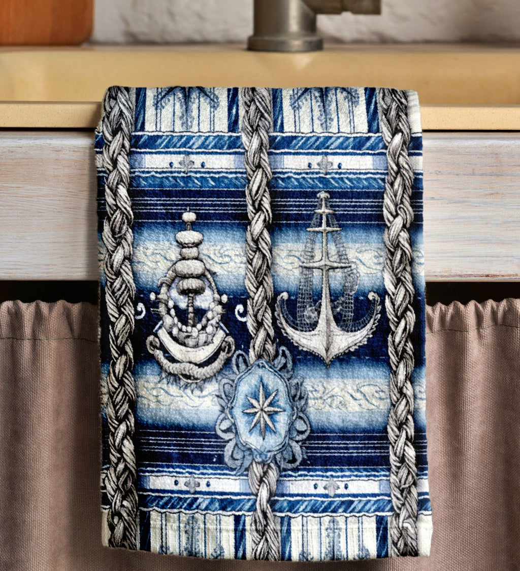 Nautical Tea Towels, Lighthouse Sailboat Kitchen Towel, Maritime Hand Towel, Rustic Nautical Dish Towel, Blue Anchor Tea Towel