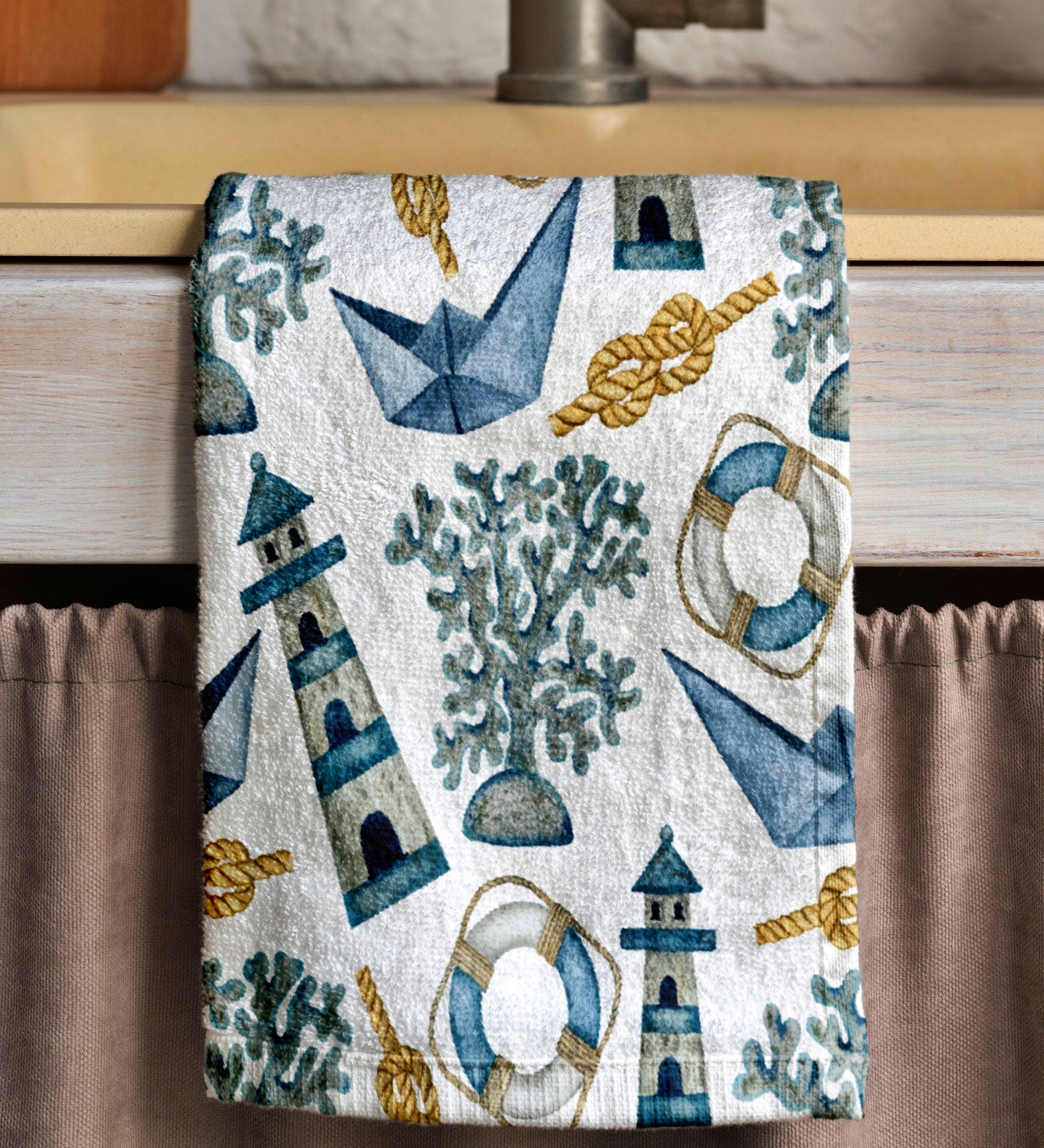 Nautical Tea Towels, Lighthouse Sailboat Kitchen Towel, Maritime Hand Towel, Rustic Nautical Dish Towel, Blue Anchor Tea Towel