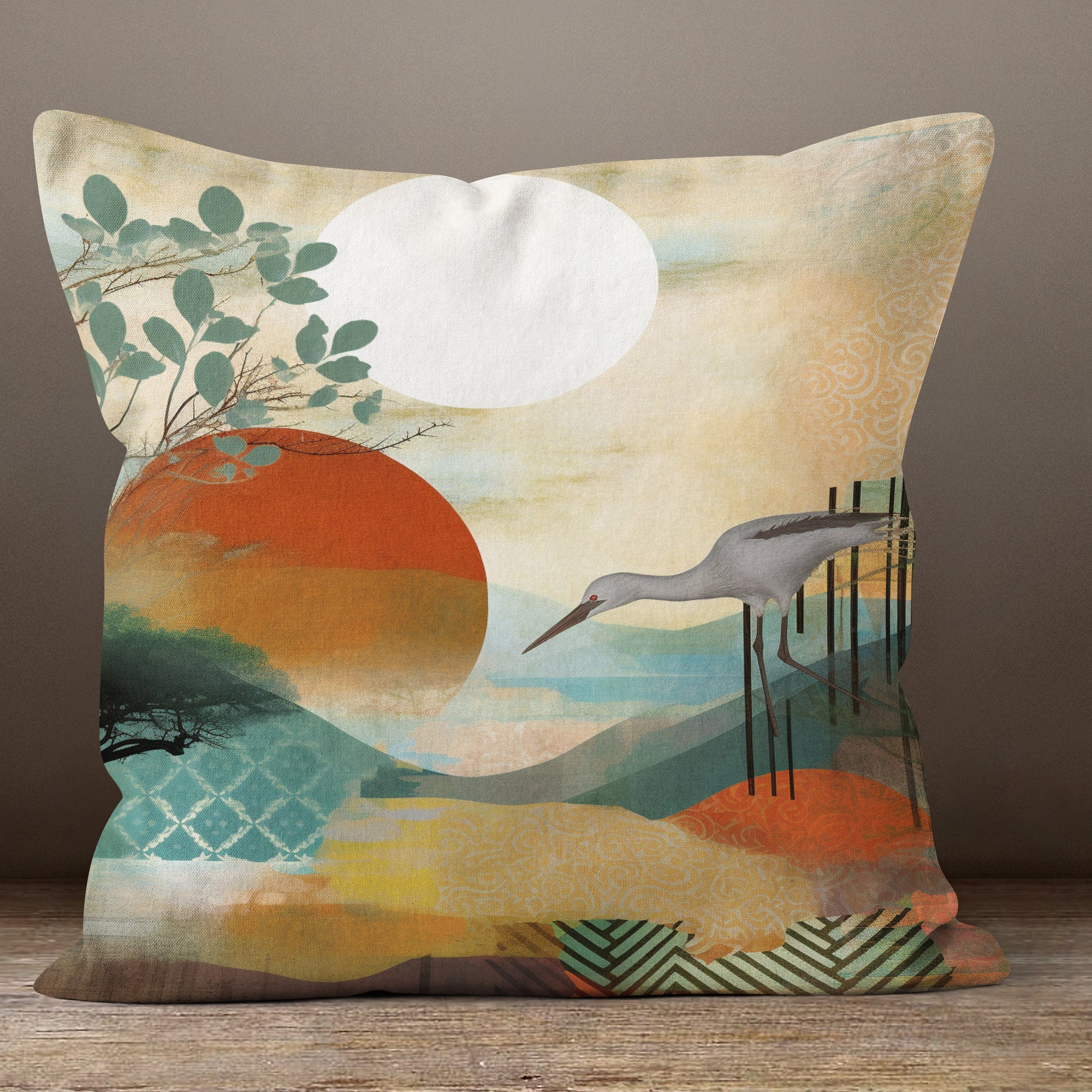 Abstract Leaves Pillow Covers, Botanical Pillow Cover, Exotic Green Orange Leaves Pillowcase, Tropical Abstract Cushion Cover