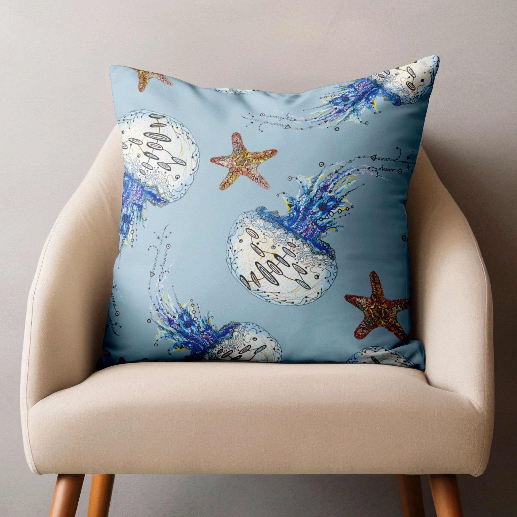 Nautical Throw Pillow Cover, Ocean Blue Pillow Covers, Starfish Pillow Case, Sea Life Coral Cushion Covers, Coastal Pillowcases