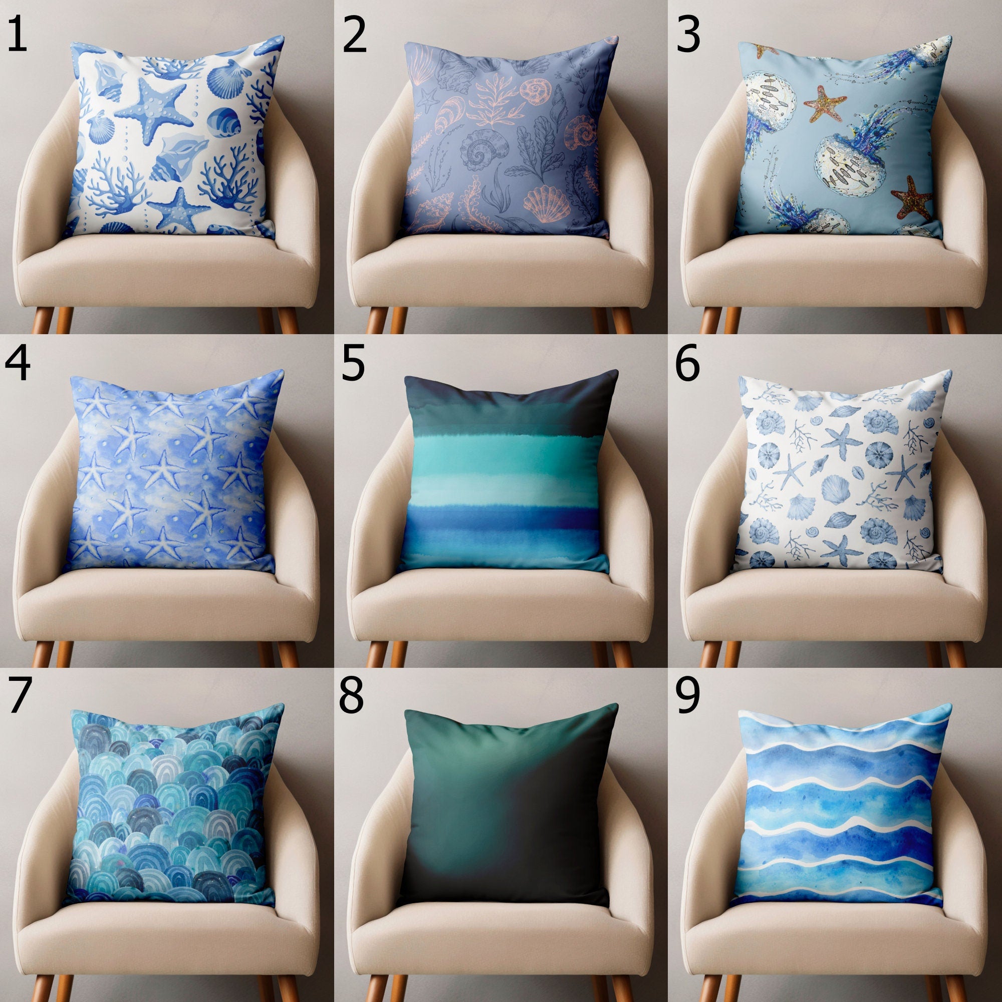 Nautical Throw Pillow Cover, Ocean Blue Pillow Covers, Starfish Pillow Case, Sea Life Coral Cushion Covers, Coastal Pillowcases