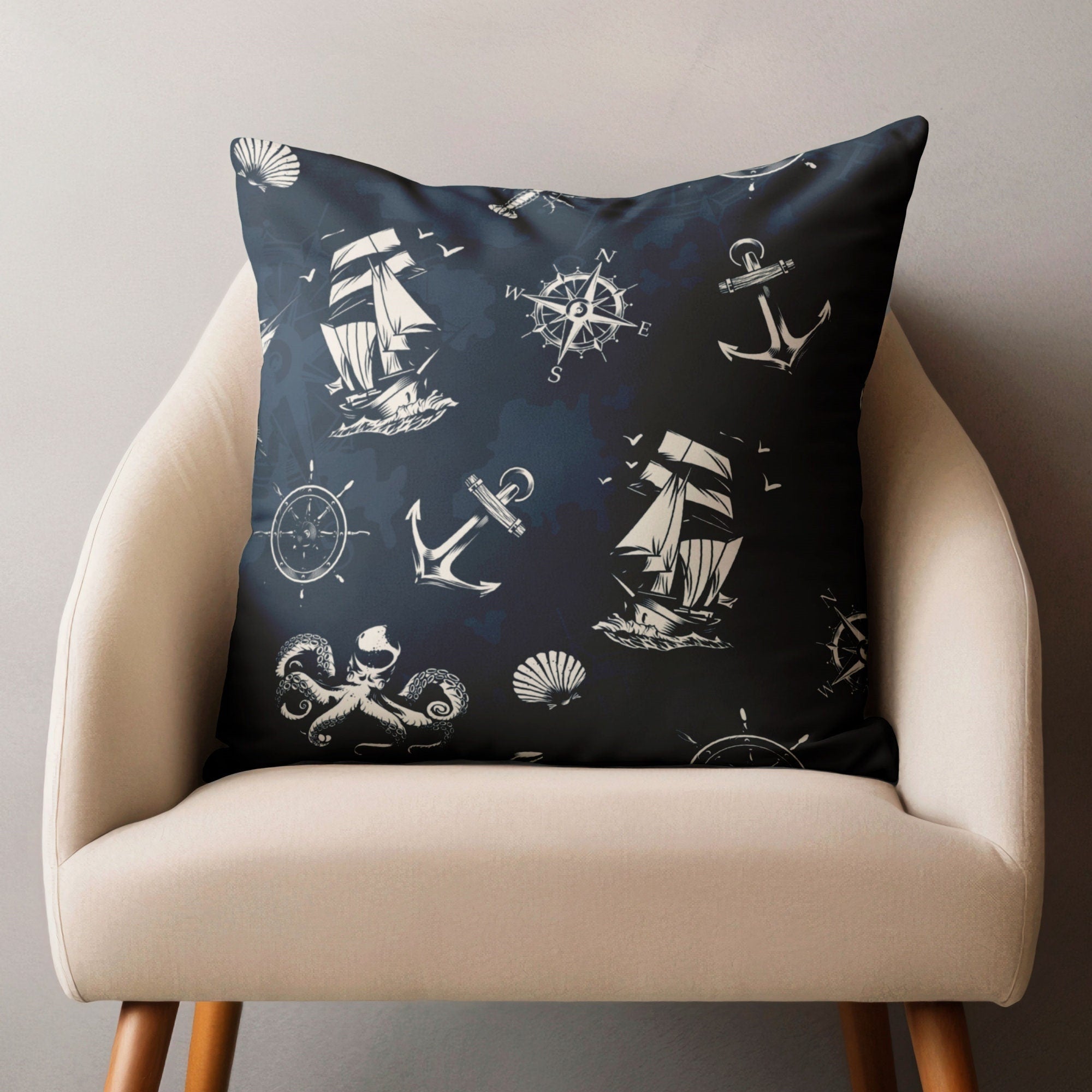 Nautical Sailboat Pillow Cover, Sailor Navy Blue Cushion Cover, Vintage Sailboat Throw Pillow Cover, Marine Pillowcase, Sailor Pillow Covers