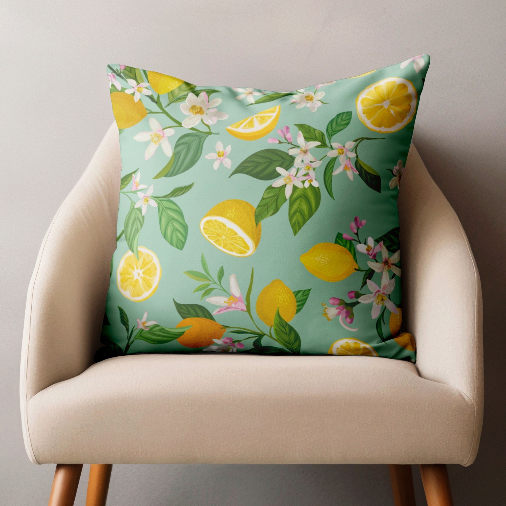 Lemon Pillow Covers, Citrus Fruit Throw Pillows, Floral Lemon Cushion Covers, Summer Fresh Home Decor, Greenery Lemon Pillowcases