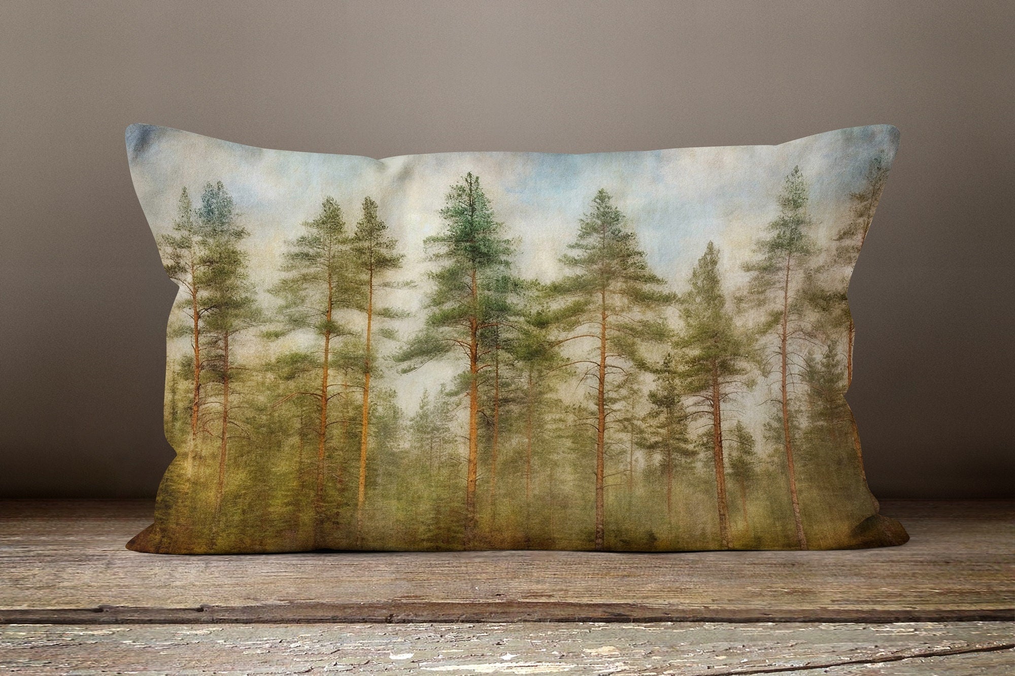 Landscape Pillow Cover, Misty Pine Forest Throw Pillow Cover, Pine Forest Landscape Pillowcase, Mountains Pine Forest Cushion Cover