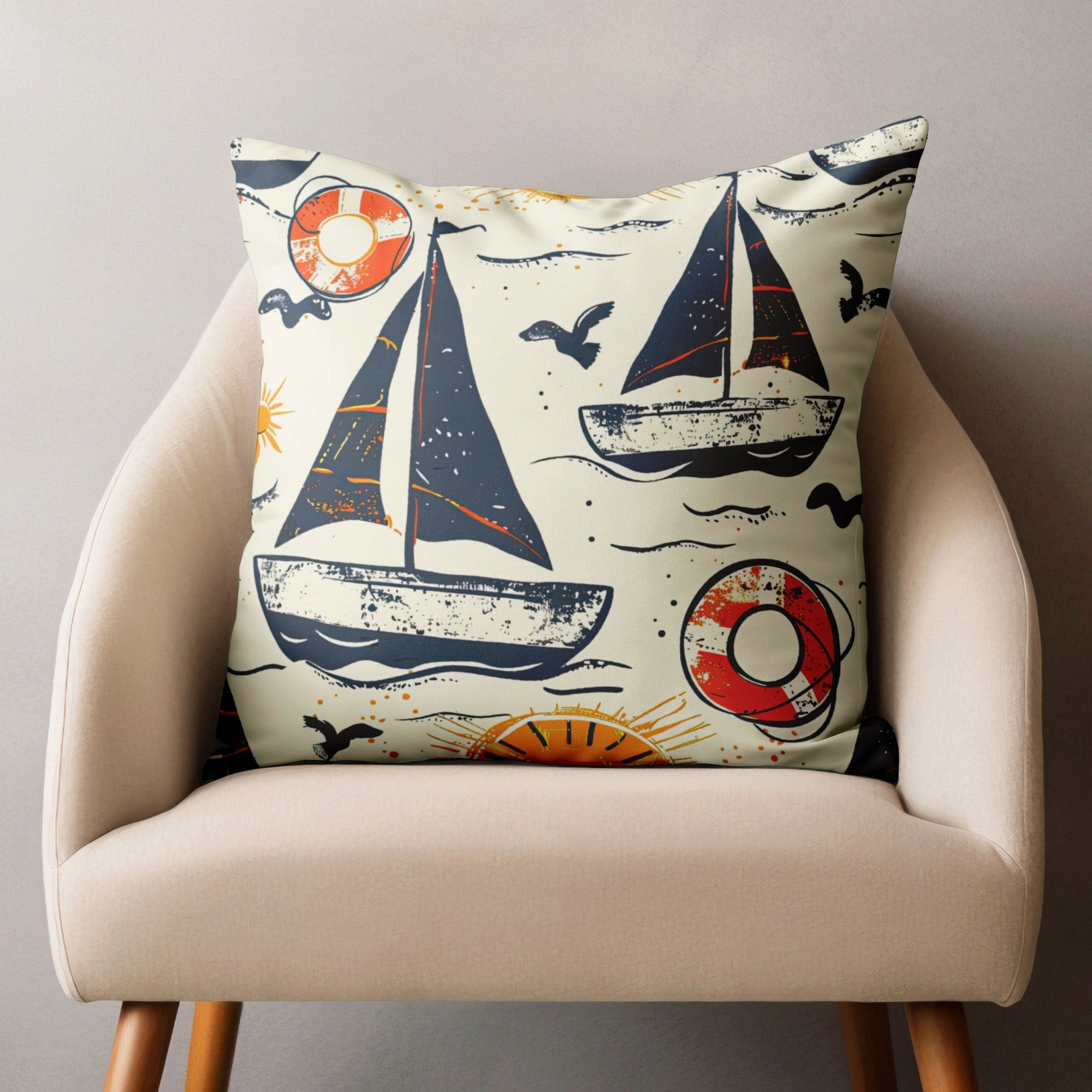 Nautical Pillow Covers, Coastal Sailor Cushion Covers, Anchors Lifebuoys Pillowcase, Yatch Decor Pillow, Vintage Sailboat Throw Pillow Cover
