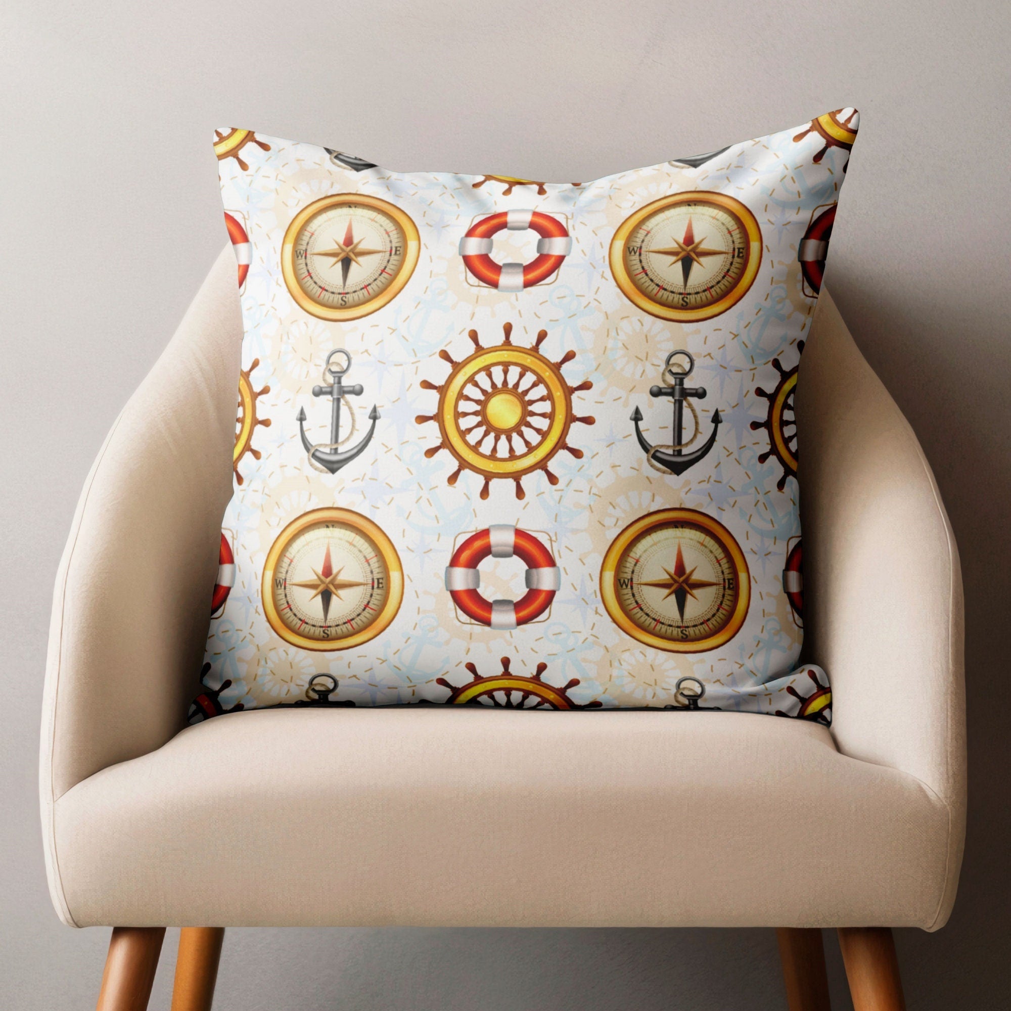 Nautical Pillow Covers, Coastal Sailor Cushion Covers, Anchors Lifebuoys Pillowcase, Yatch Decor Pillow, Vintage Sailboat Throw Pillow Cover