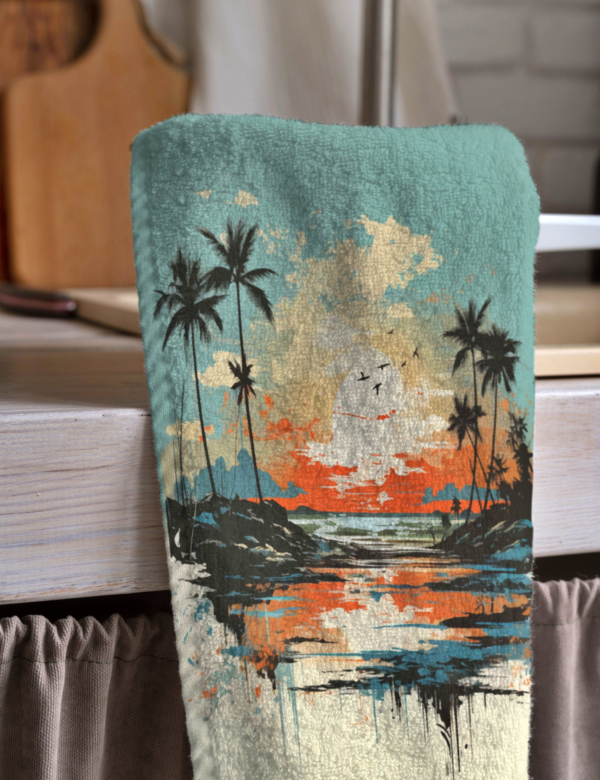 Tropical Tea Towels, Hawaii Palm Leaves Dish Towel, Tropical Printed Towels, Palm Tree Hand Towel, Summer Palm Tree Kitchen Towels