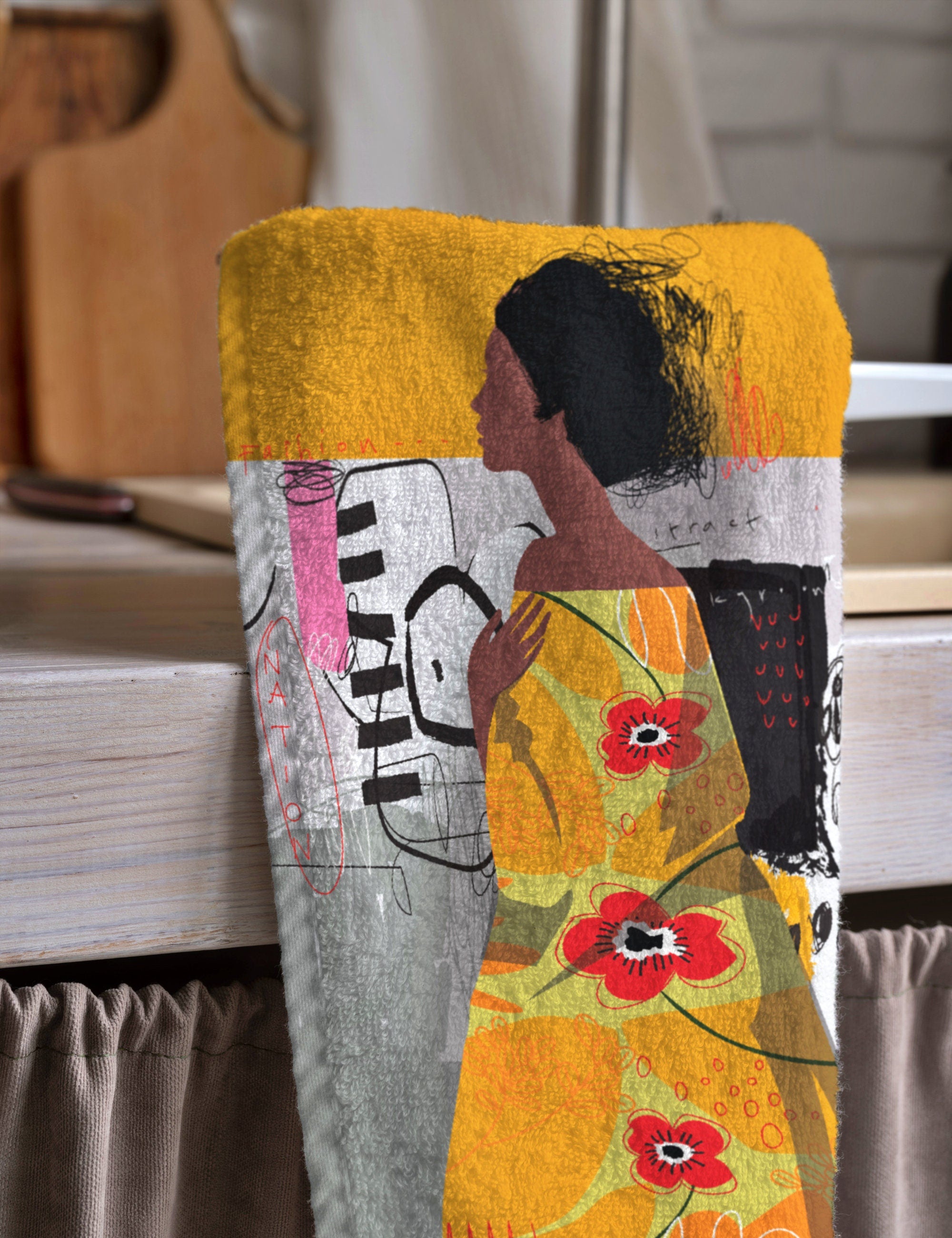 African Women Tea Towels, Woman Painting Abstract Hand Towel, African Arts Kitchen Towels, African Dish Towel, Print African Tea Towels