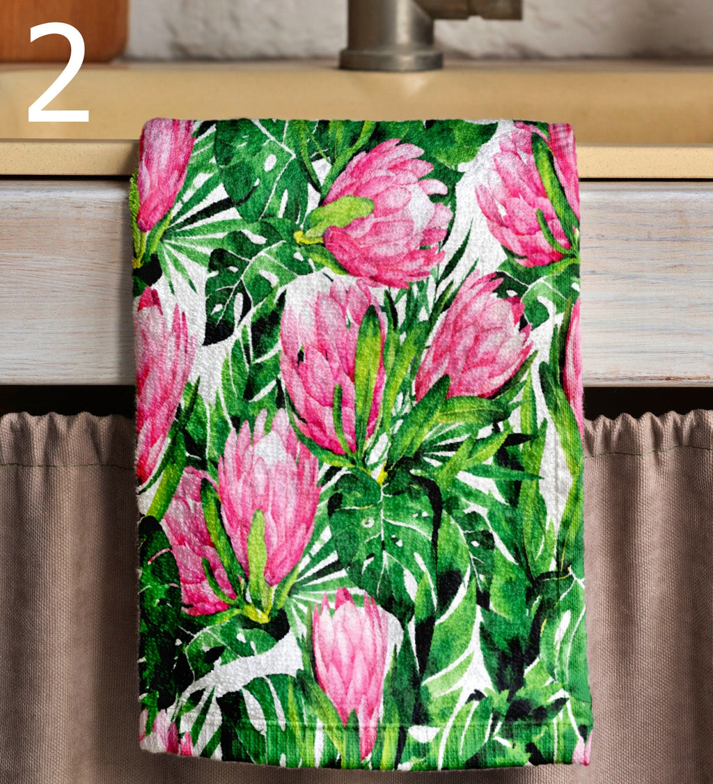 Tropical Multicolor Tea Towels, Tropical Flowers Dish Towel, Exotic Flowers Hand Towel, Botanical Kitchen Towels