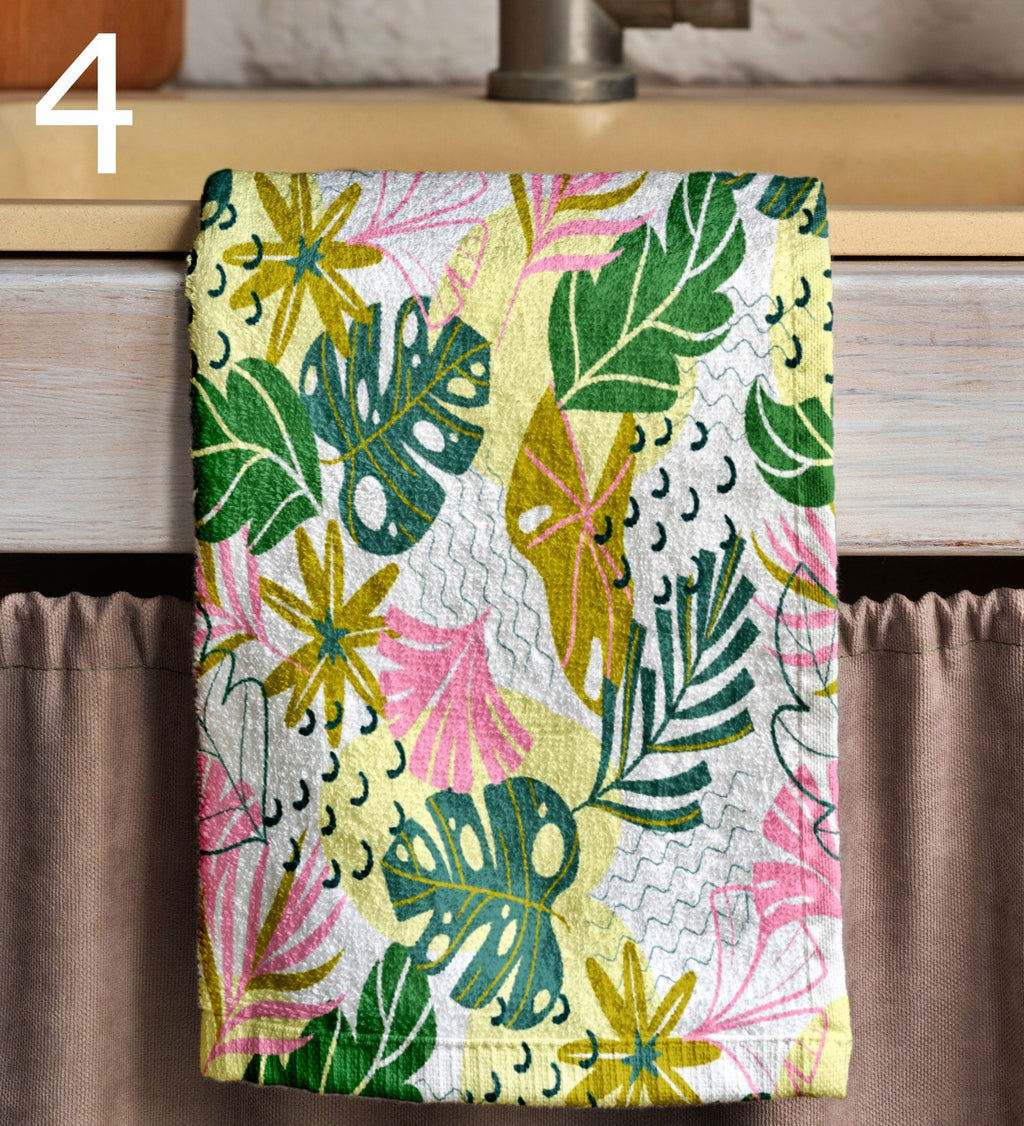 Tropical Multicolor Tea Towels, Tropical Flowers Dish Towel, Exotic Flowers Hand Towel, Botanical Kitchen Towels