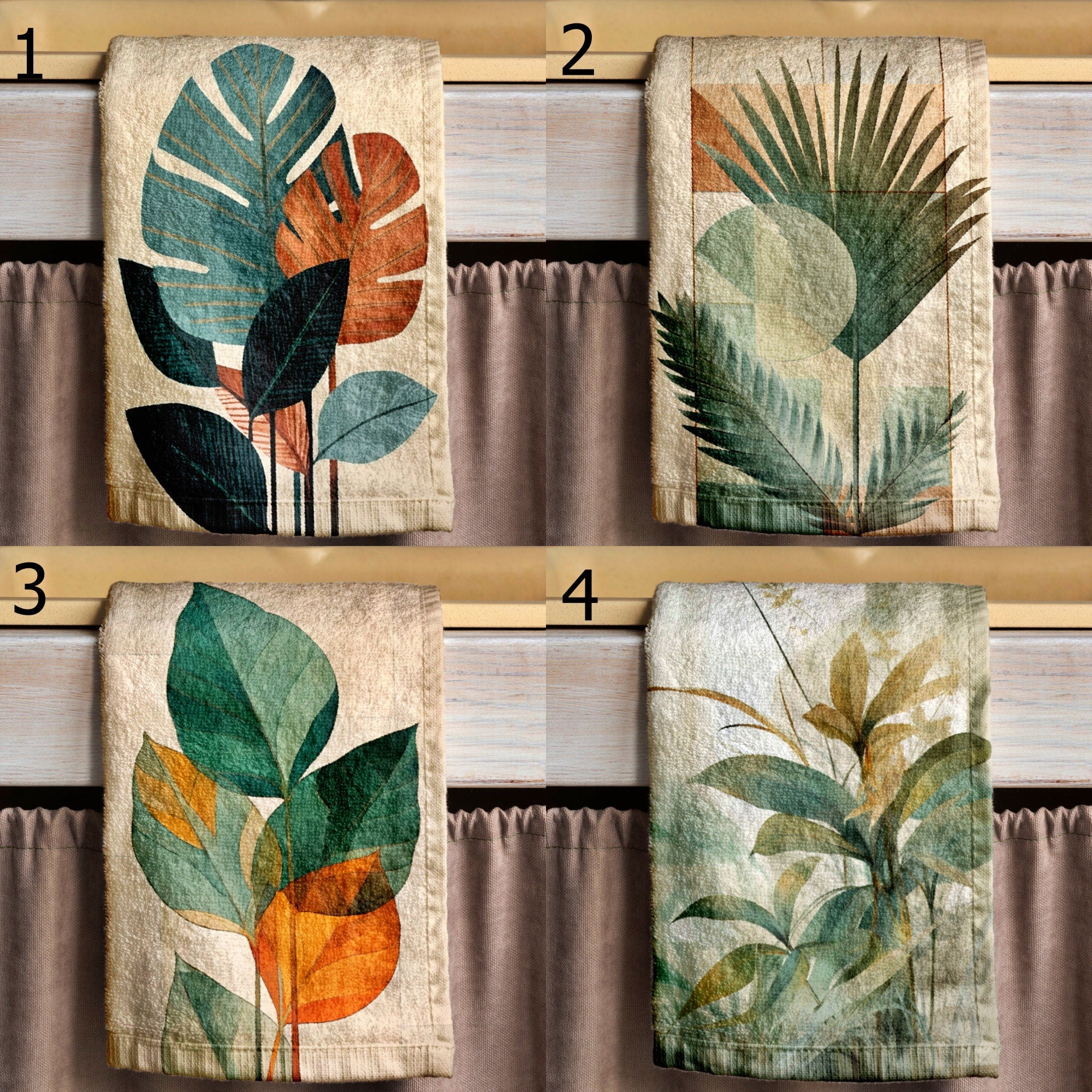 Tropical Abstract Tea Towels, Tropical Leaves Dish Towel, Exotic Leaf Hand Towel, Multicolor Botanical Kitchen Towels, Green Leaf Tea Towels