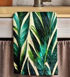 Dark Green Botanical Tea Towels, Elegant Leaf Print Kitchen Towels, Nature-Inspired Hand Towels, Modern Tropical Dish Towels
