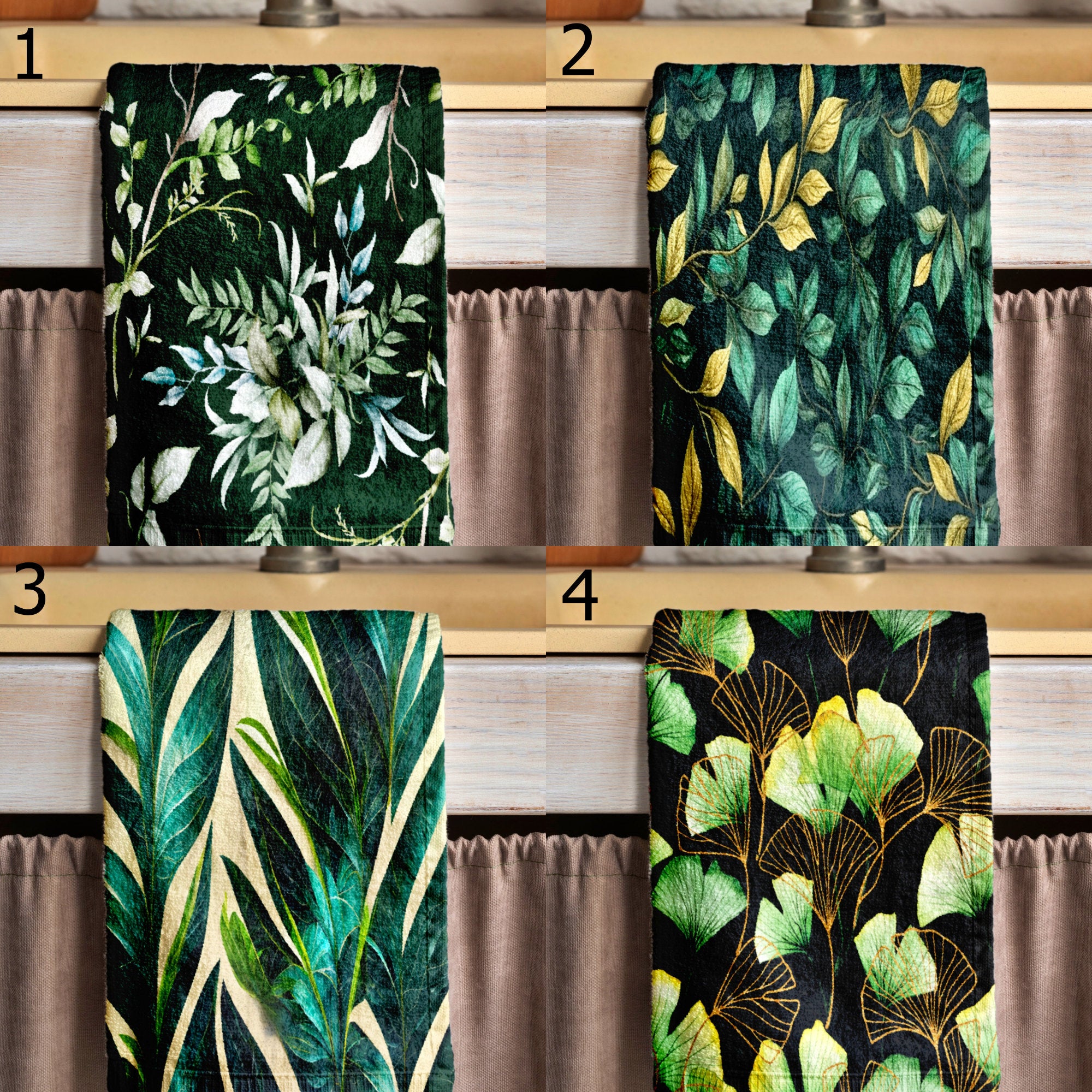 Dark Green Botanical Tea Towels, Elegant Leaf Print Kitchen Towels, Nature-Inspired Hand Towels, Modern Tropical Dish Towels