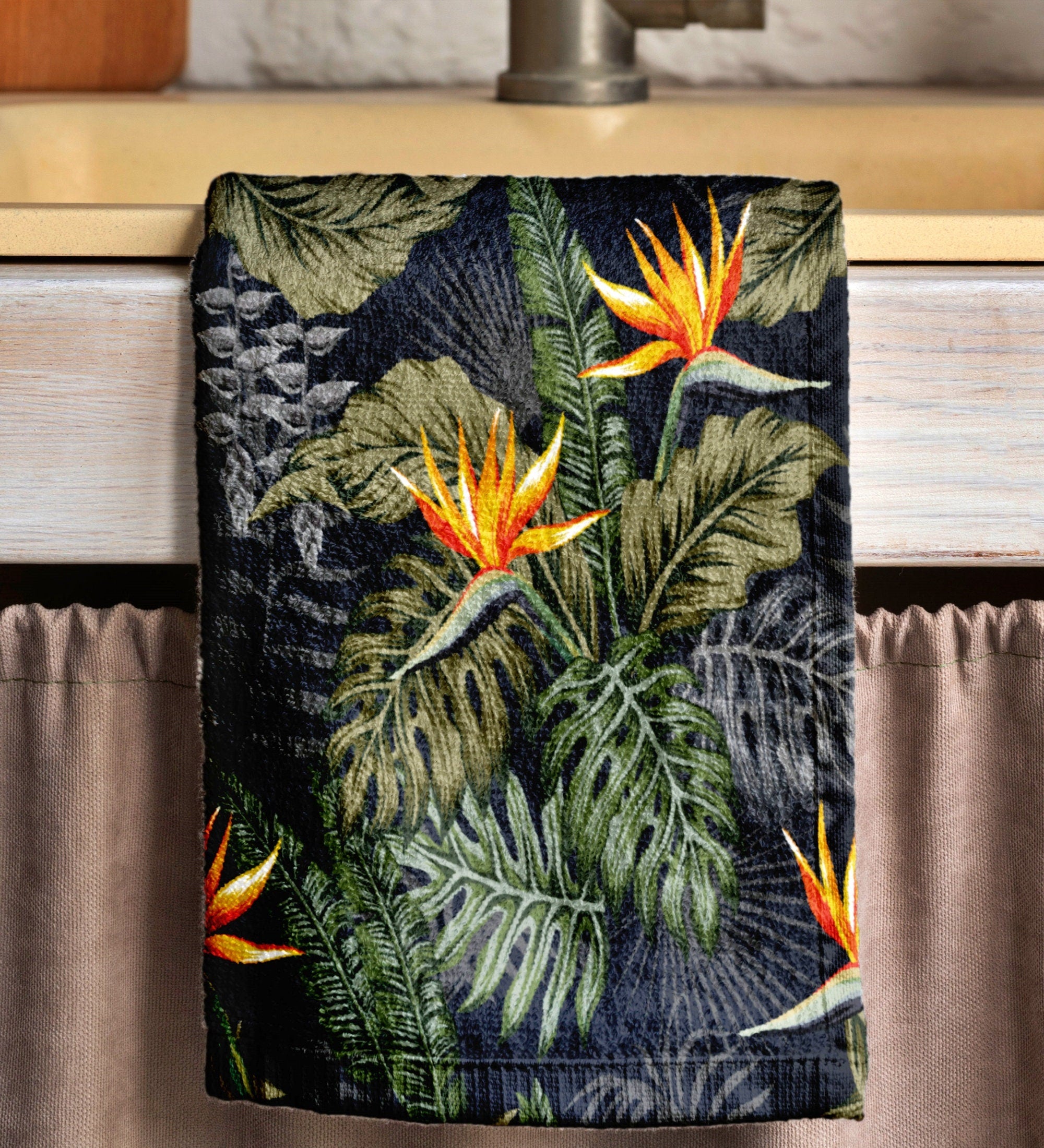 Tropical Botanical Tea Towels, Exotic Jungle Print Kitchen Towels, Dark Green Leaf Dish Towels, Boho Tropical Hand Towels
