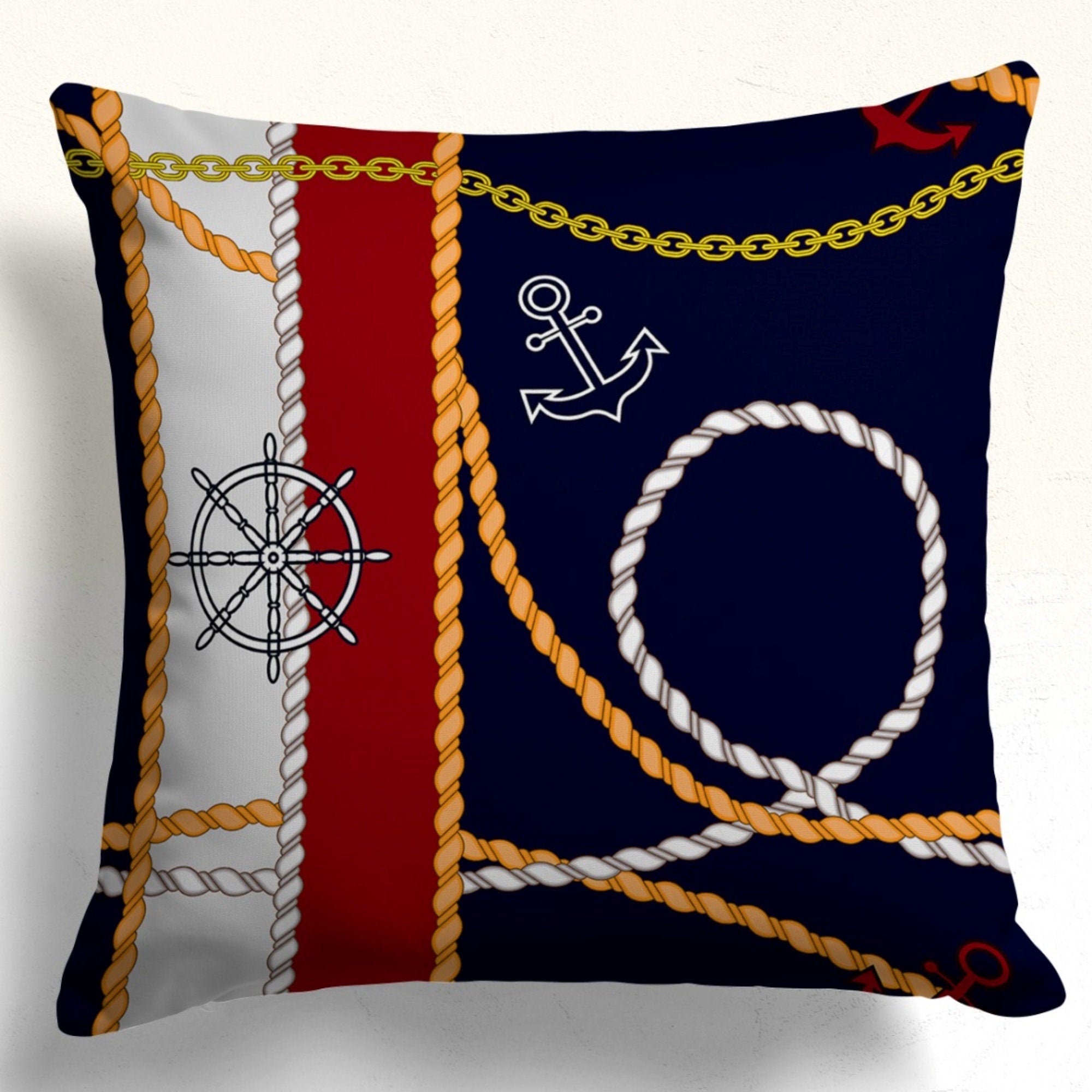 Nautical Pillow Covers with Anchors & Ropes, Coastal Marine Indoor/Outdoor Cushion Cover, Beach House Style Pillowcases