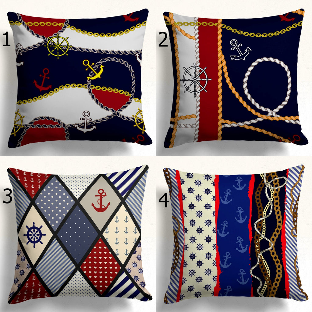 Nautical Pillow Covers with Anchors & Ropes, Coastal Marine Indoor/Outdoor Cushion Cover, Beach House Style Pillowcases