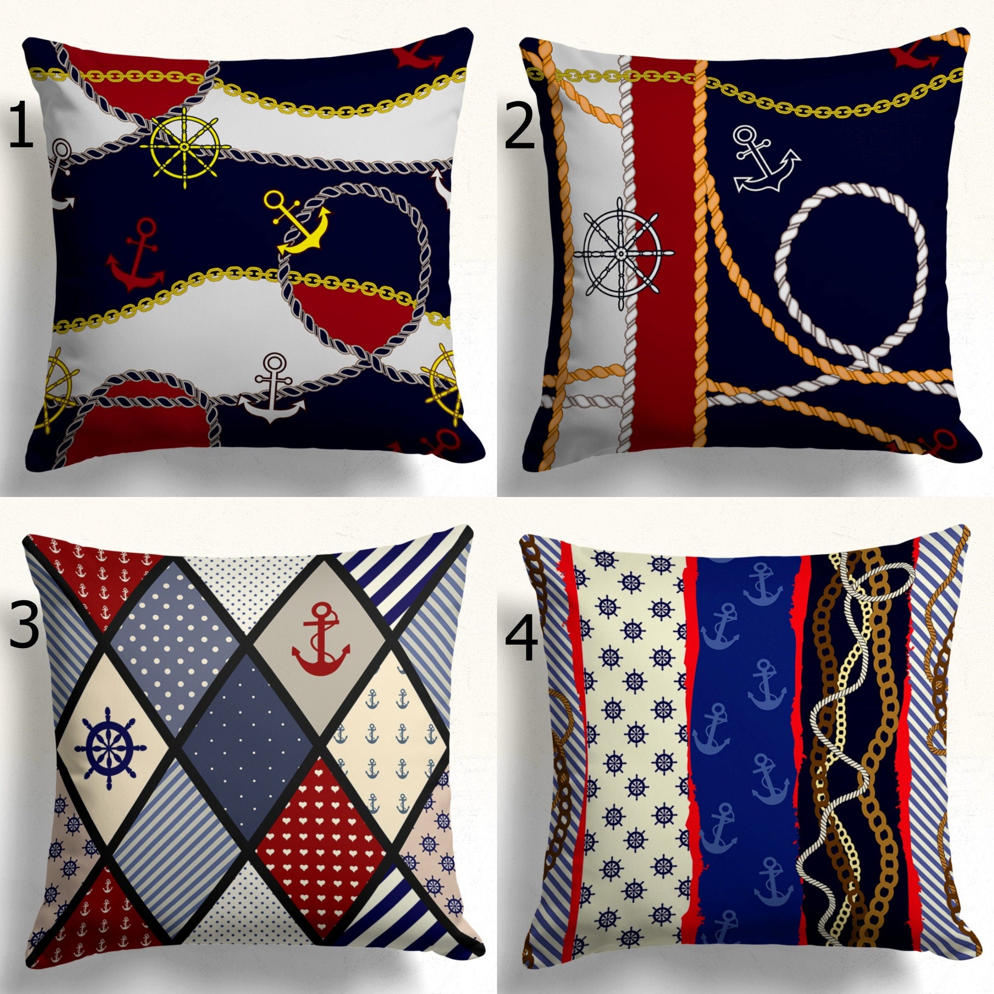 Nautical Pillow Covers with Anchors & Ropes, Coastal Marine Indoor/Outdoor Cushion Cover, Beach House Style Pillowcases