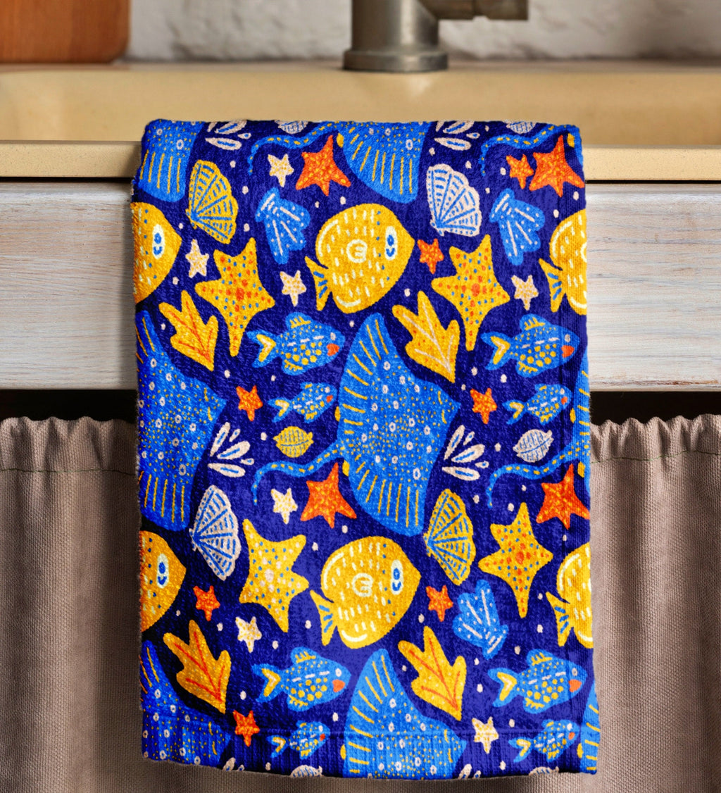 Ocean-Themed Tea Towels, Sea Star & Fish Patterned Hand Towels, Blue Coastal Summer Dish Towel, Kids  Adults Kitchen Towels