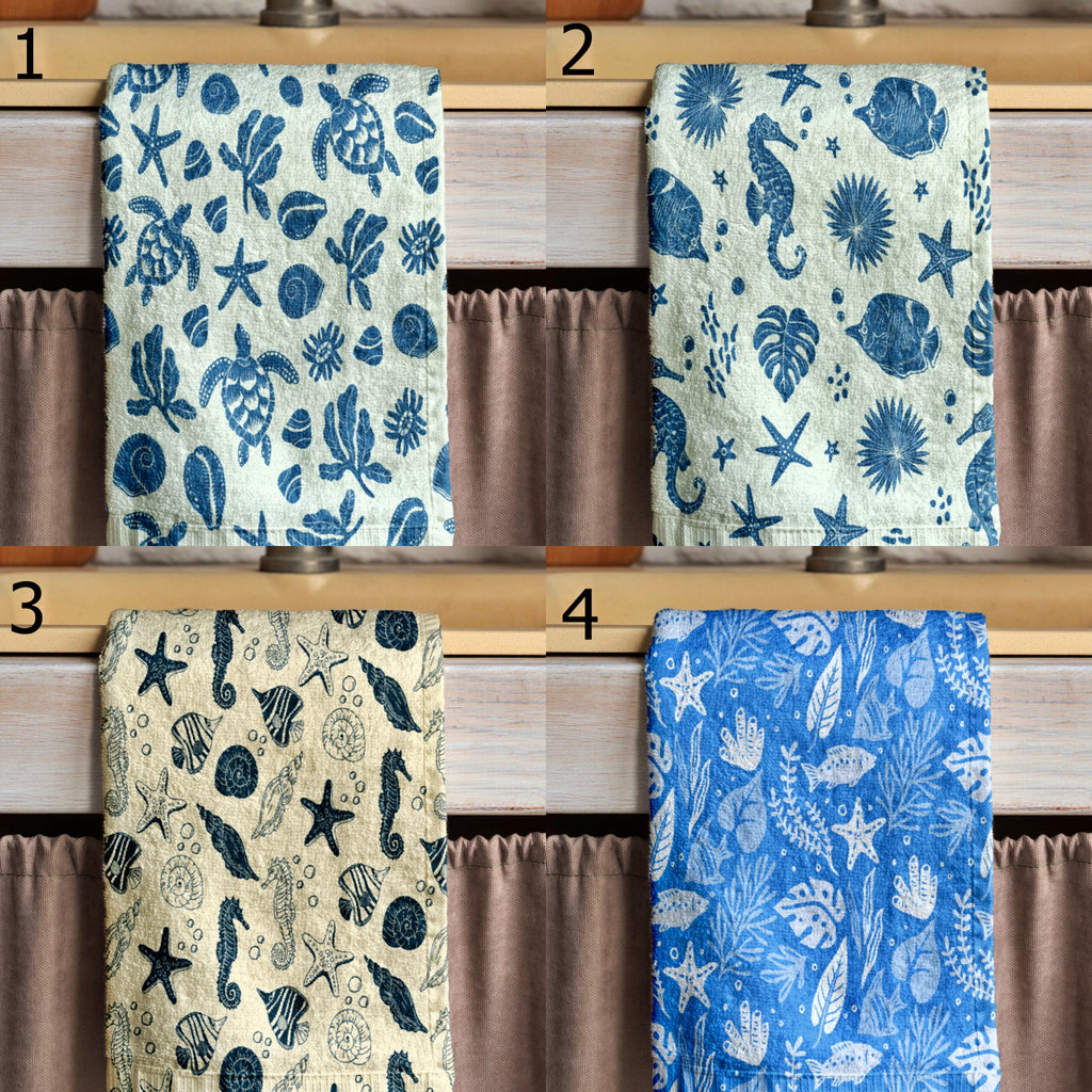 Sea Animals Hand Towel, Coastal Kitchen Tea Towel, Nautical Tea Towel, Ocean Hand Towels, Starfish Hand Towel, Maritime Dish Towel
