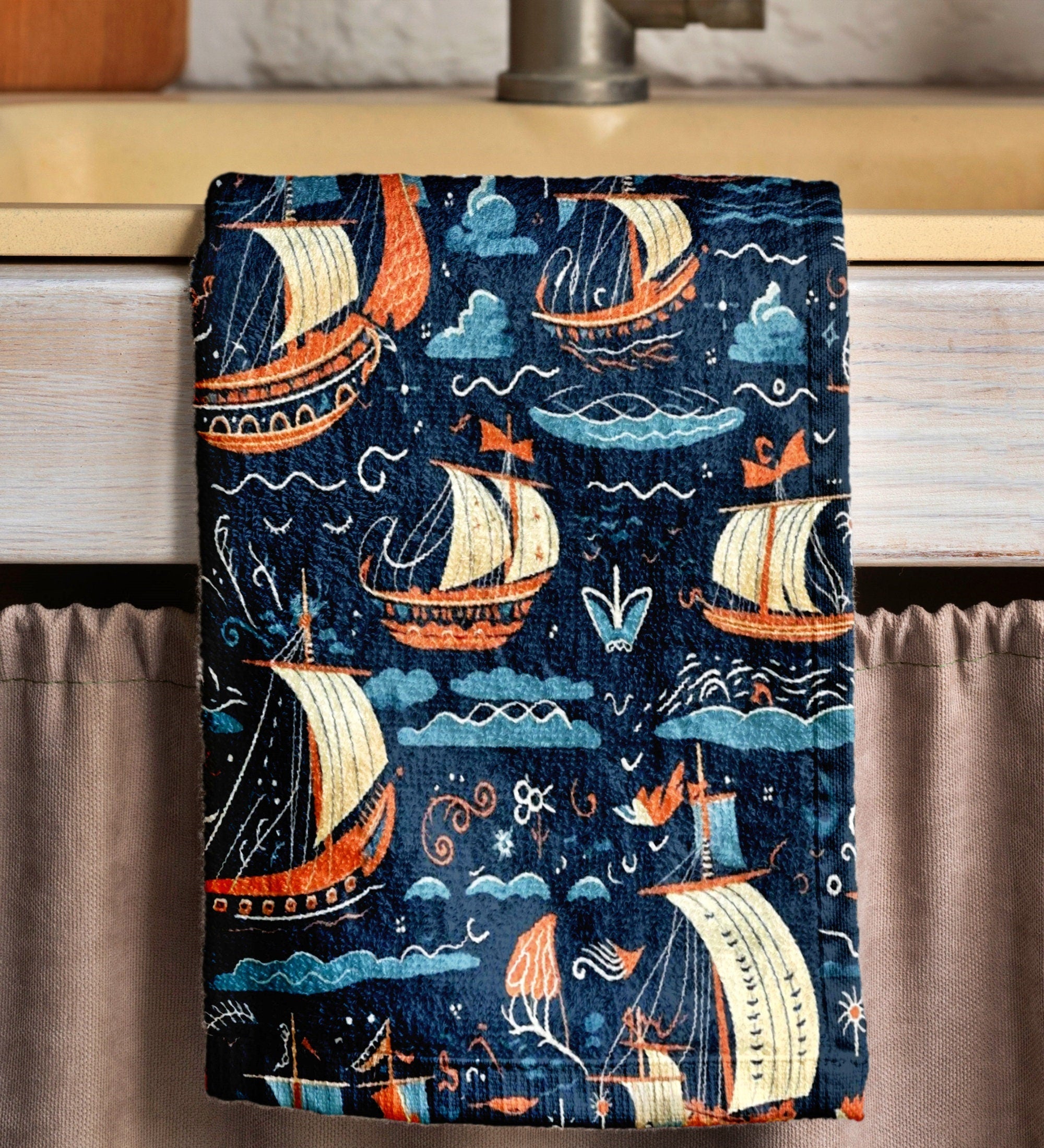 Nautical Tea Towel, Vintage Sailboat Kitchen Tea Towel,  Maritime Print Hand Towels, Yatch Hand Towels, Ocean Hand Towel, Sailor Dish Towel