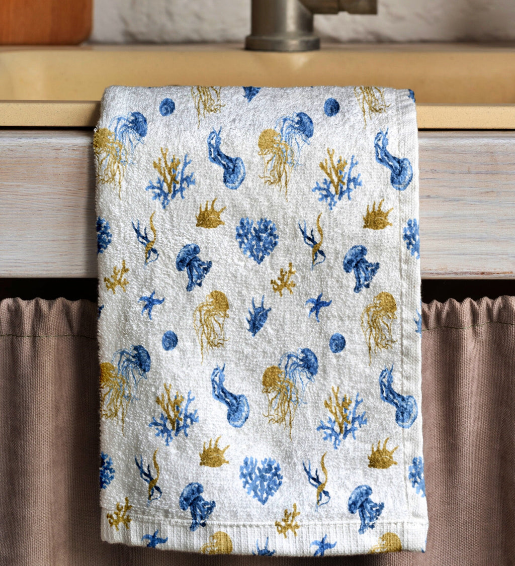 Coastal Kitchen Towel, Seashell Starfish Print Tea Towels, Ocean Themed Soft Absorbent Hand Towel, Sea Animals Hand Towel