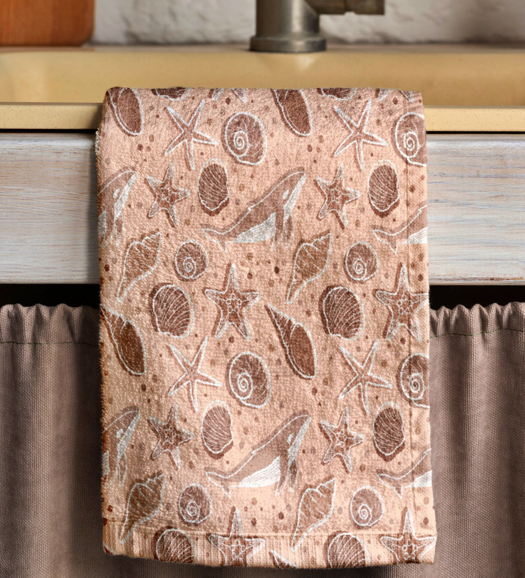 Coastal Kitchen Towel, Seashell Starfish Print Tea Towels, Ocean Themed Soft Absorbent Hand Towel, Sea Animals Hand Towel