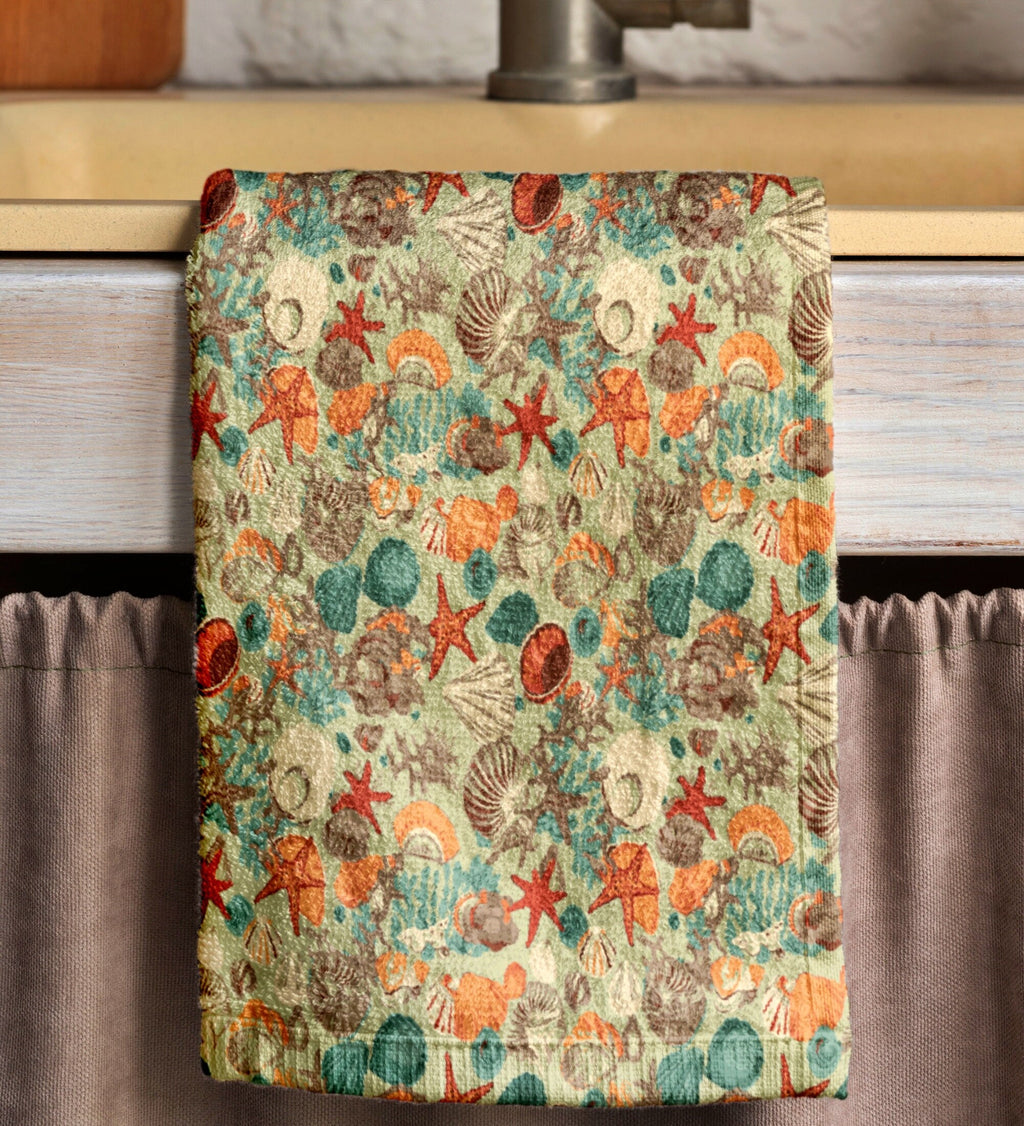 Coastal Kitchen Towel, Seashell Starfish Print Tea Towels, Ocean Themed Soft Absorbent Hand Towel, Sea Animals Hand Towel